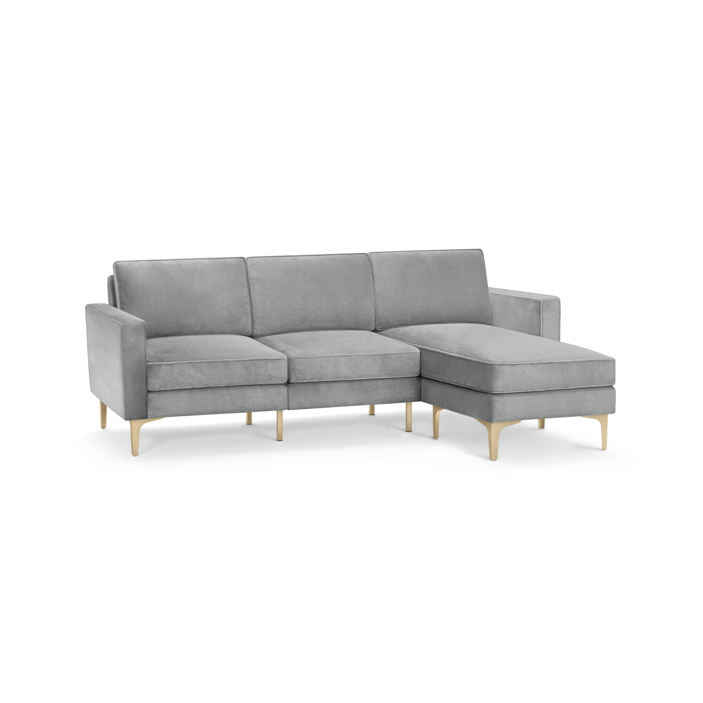 modern l - shaped sectional sofa with light gray fabric upholstery, tapered wooden legs, and tapered cushioned cushions, designed