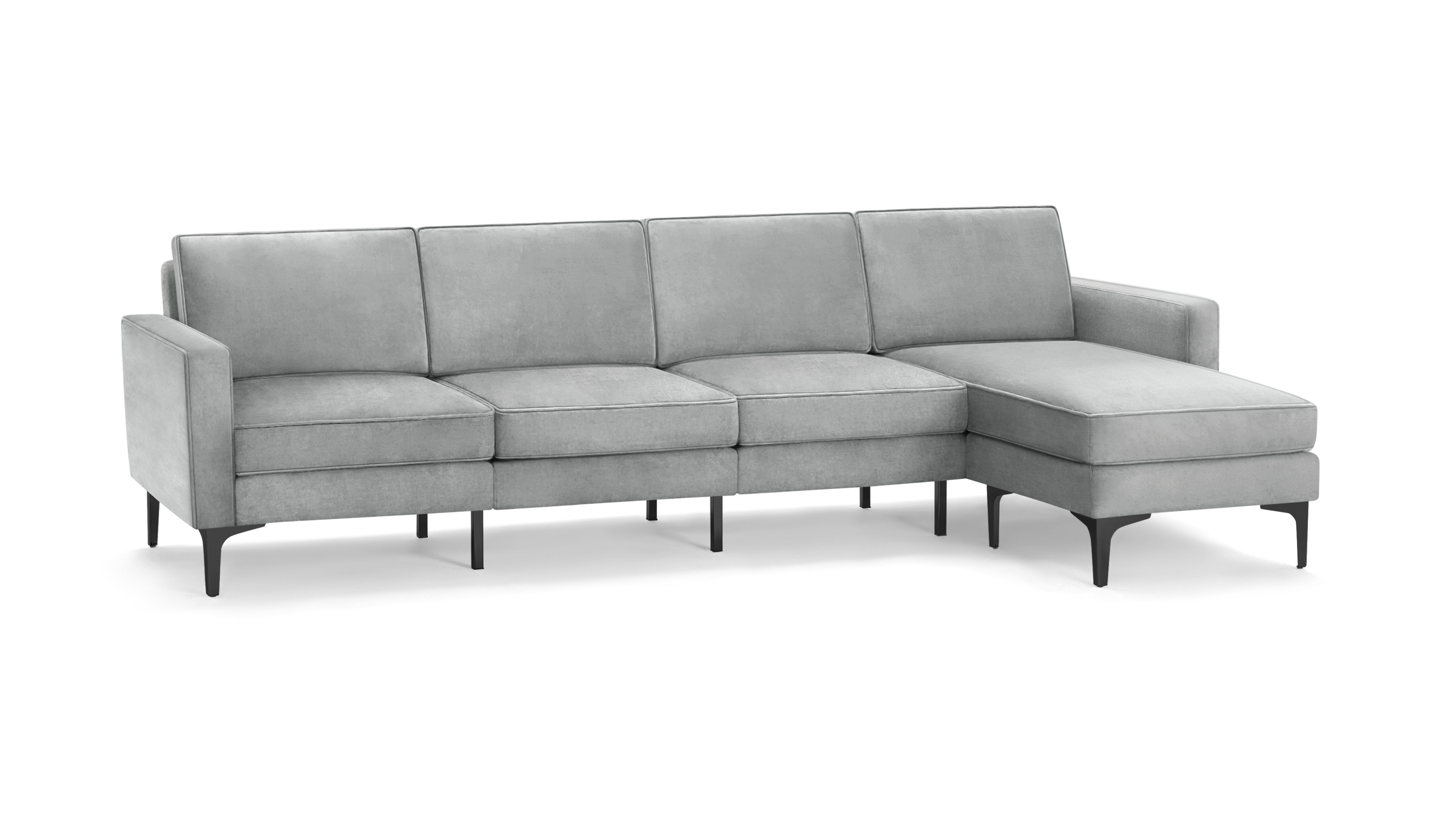 modern light gray fabric sectional sofa with chaise lounge and matching ottoman, featuring sleek metal legs and a sleek design