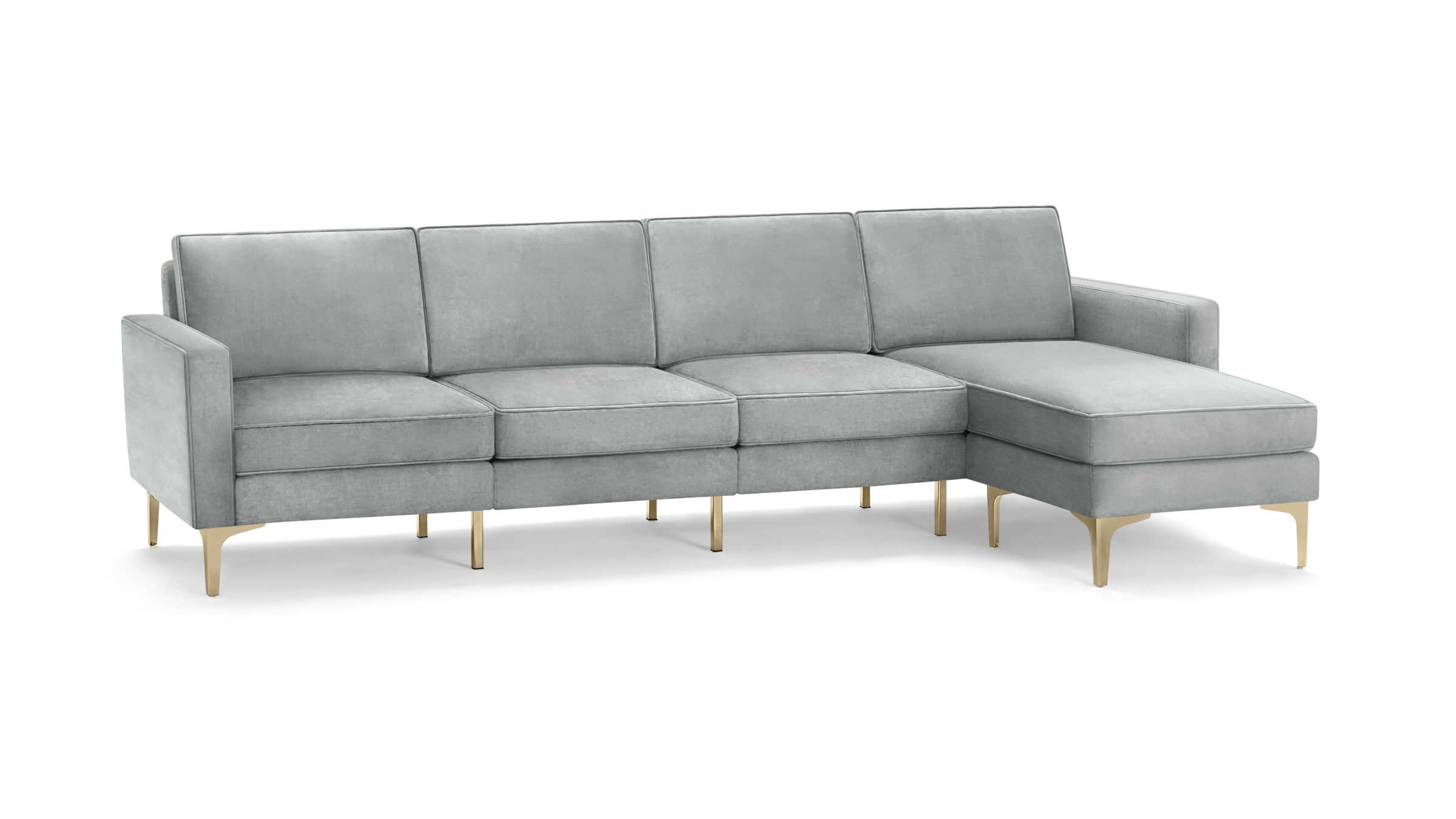 modern light gray fabric sectional sofa with matching ottoman, featuring tapered backrests, and tapered wooden legs