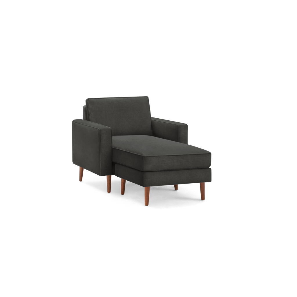 Nomad Velvet Armchair with Chaise - Graphite Grey - Performance Velvet / Walnut - Wood / Block
