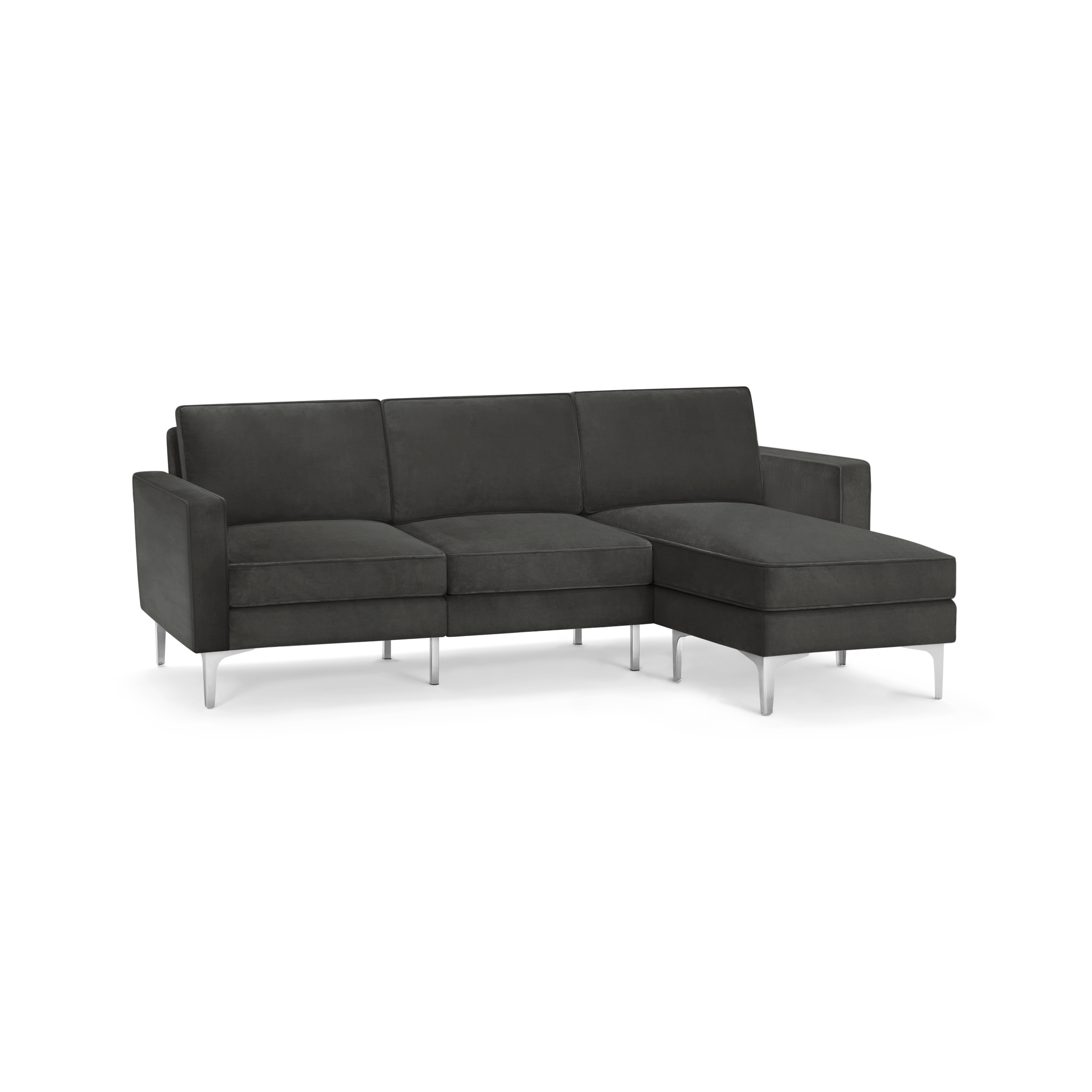 modern dark gray sectional sofa with clean lines and sleek metal legs, featuring a clean, minimalist design