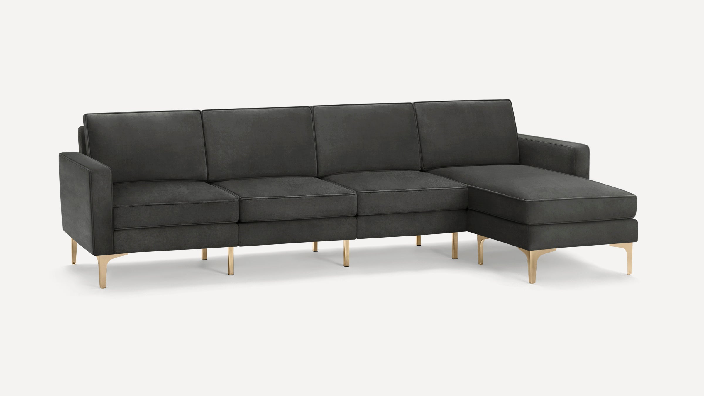 Modern dark gray sectional sofa with gold metal legs, featuring a right-side chaise lounge and clean lines.