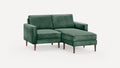 Green velvet sectional sofa with wooden legs, featuring a right-side chaise lounge and clean, modern lines.