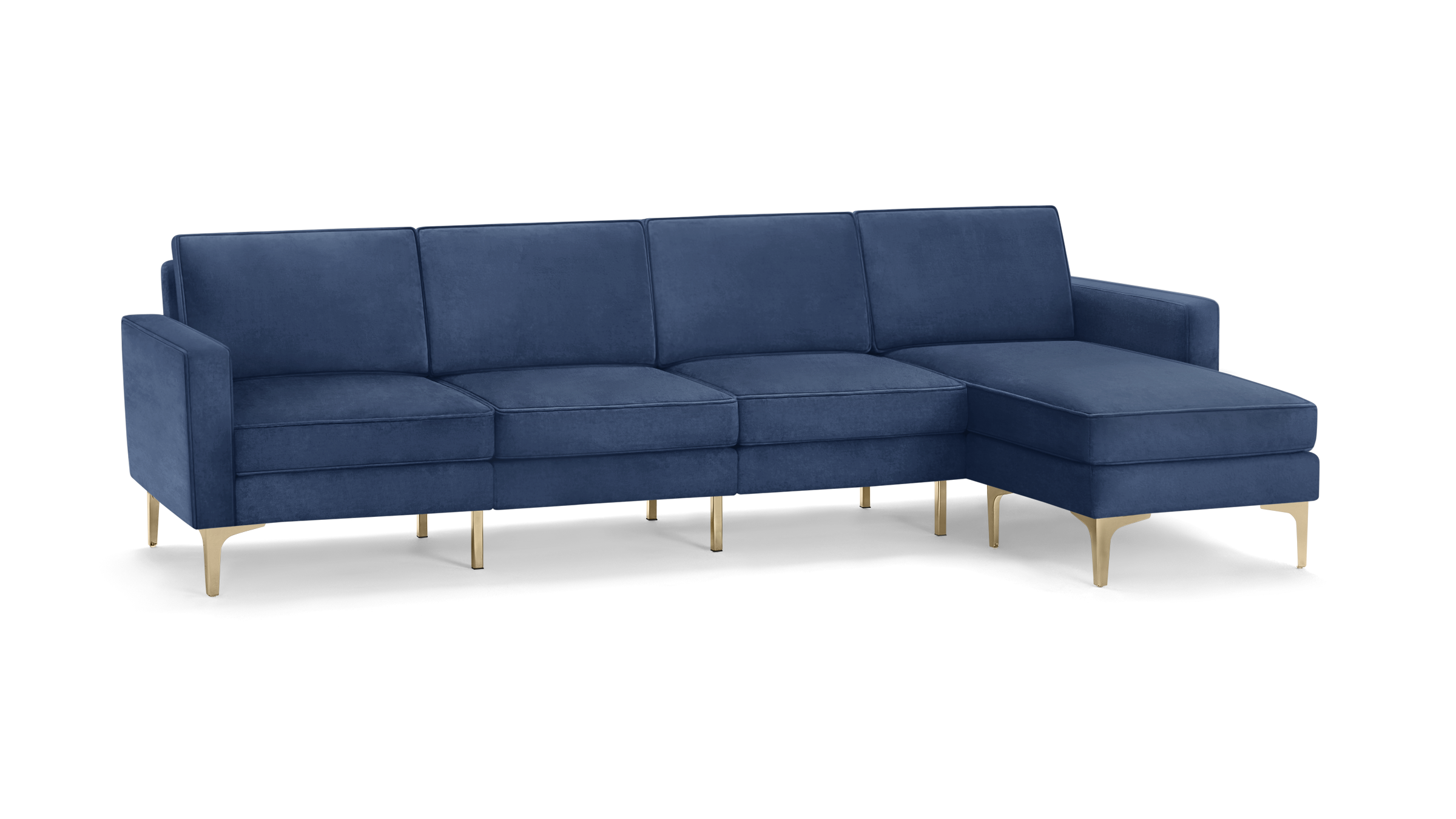 modern navy blue velvet sectional sofa with matching ottoman, featuring tapered legs and a clean, modern design