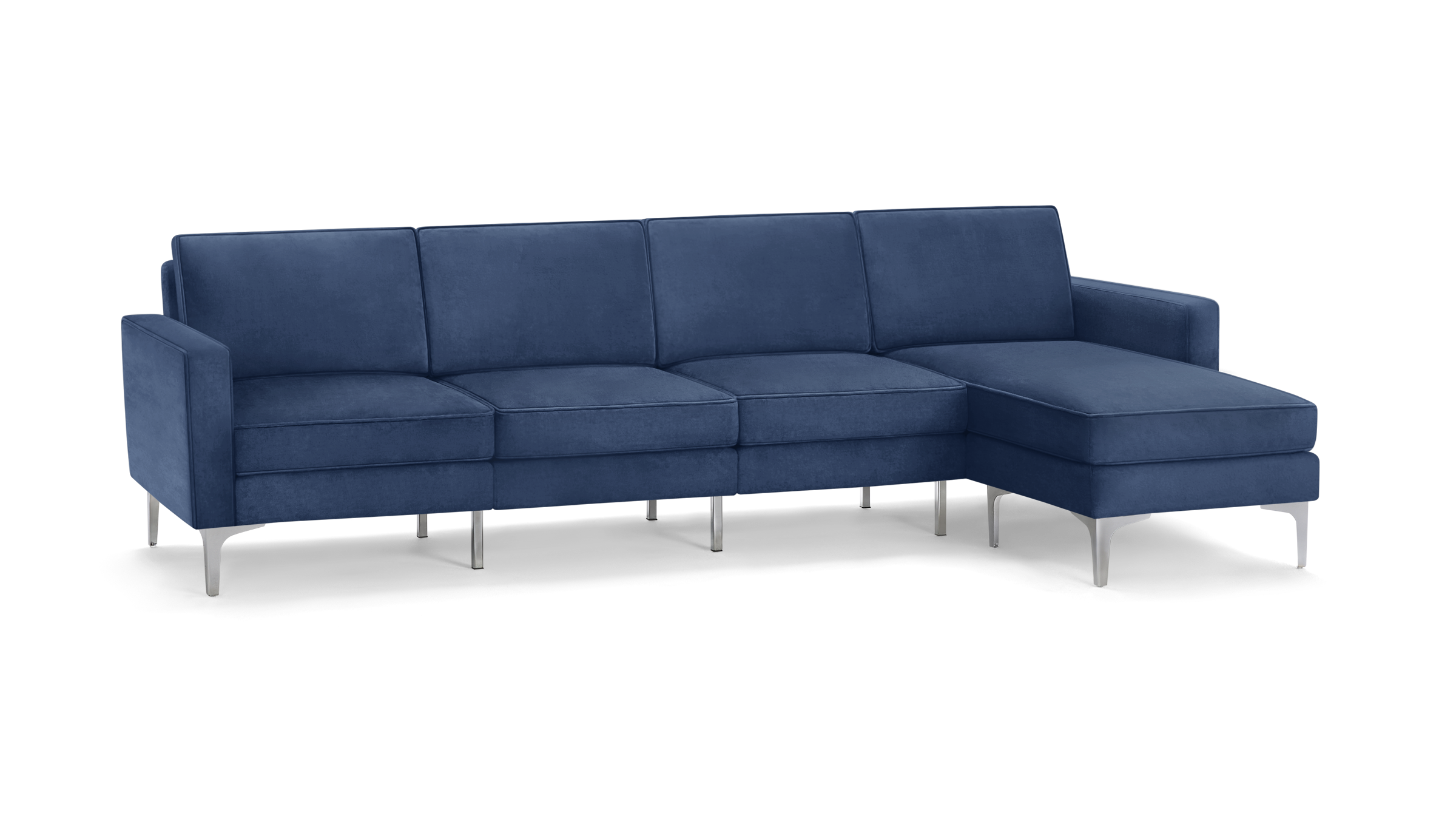 modern blue velvet sectional sofa with chaise lounge and matching ottoman, featuring sleek metal legs and sleek design