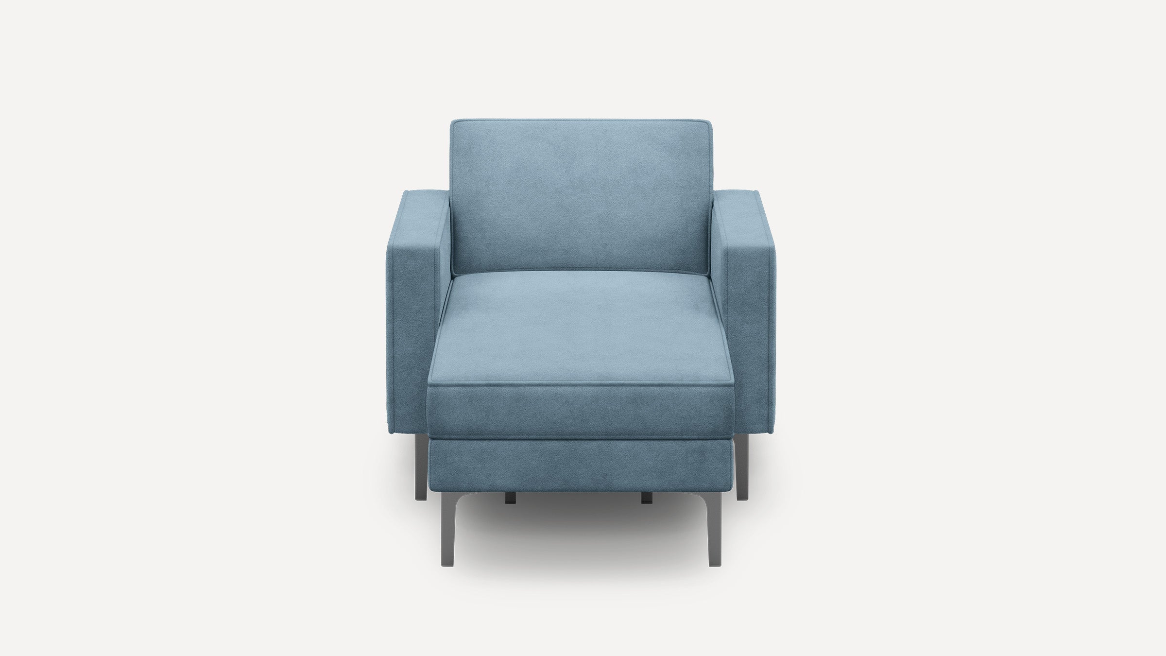 Front view of a modern, light blue upholstered armchair with square armrests and metal legs.