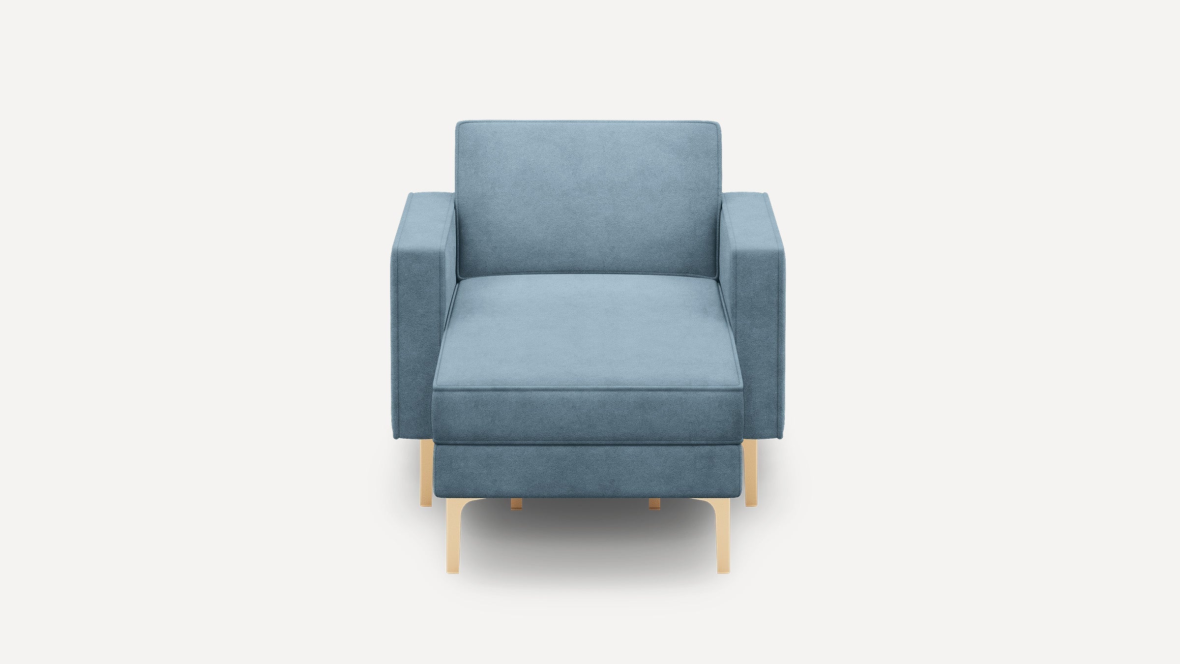 Front view of a modern, blue upholstered armchair with straight arms and light wooden legs against a plain white background.