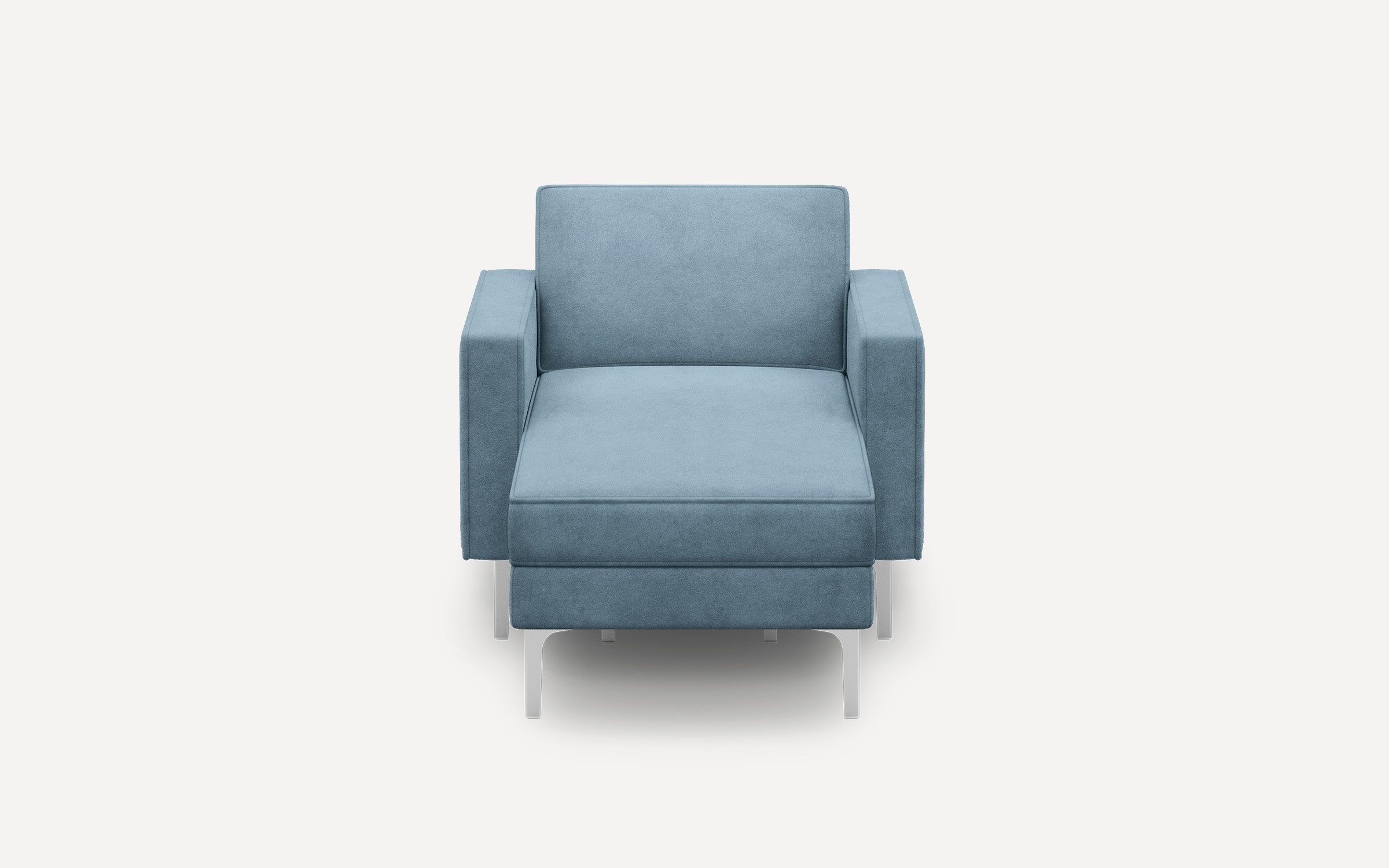 Blue upholstered modern armchair with wide armrests and slim metal legs on a plain white background.