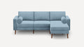 light blue sectional sofa with chaise lounge and matching ottoman, featuring wooden legs, and a rounded cushioned backrest