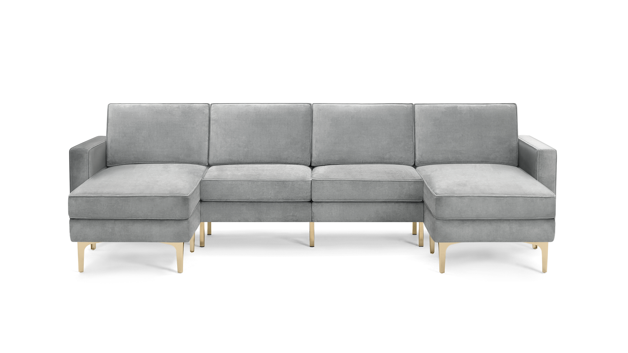 modern light gray velvet sectional sofa with gold metal legs and clean lines on the back, featuring a chaise lounge and matching ottoman