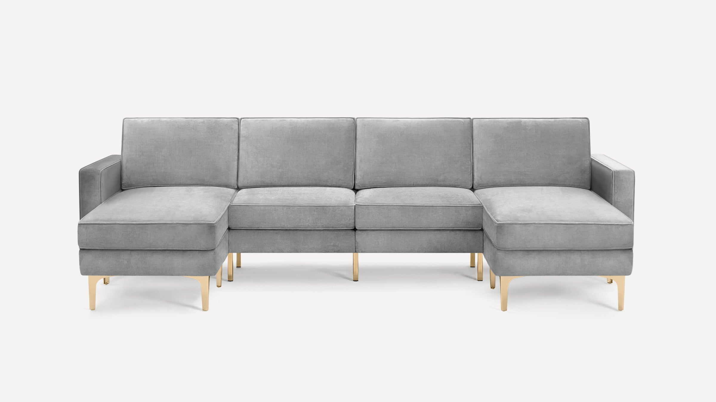 Modern L-shaped grey velvet sectional sofa with clean lines and gold metal legs, designed for spacious seating comfort.