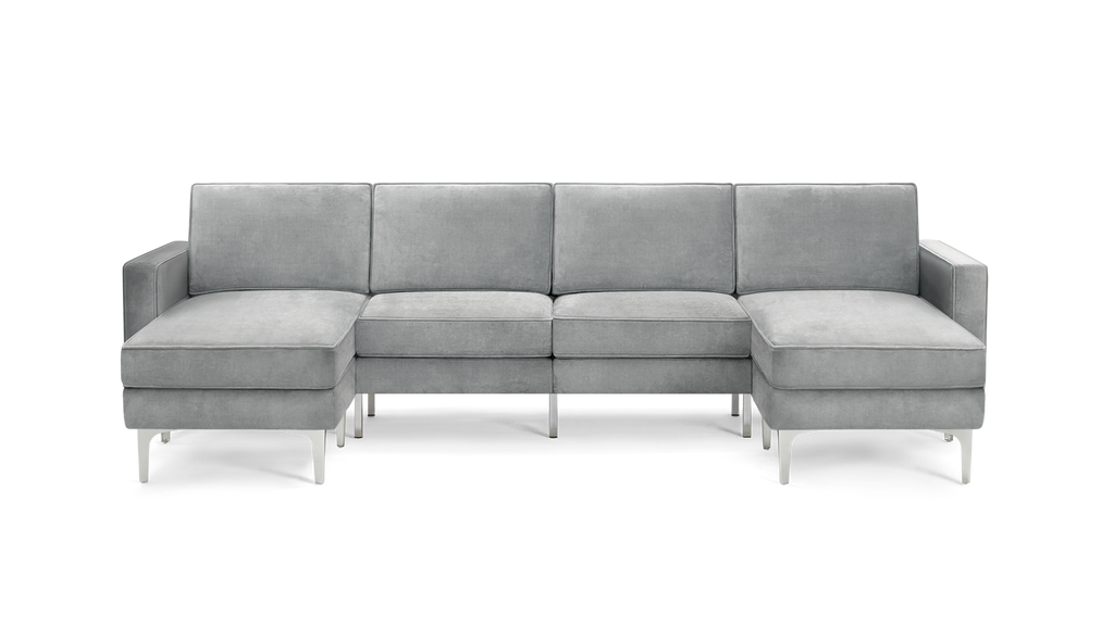 modern light gray velvet sectional sofa with chrome legs and clean lines on the back, featuring a right - facing chaise lounge