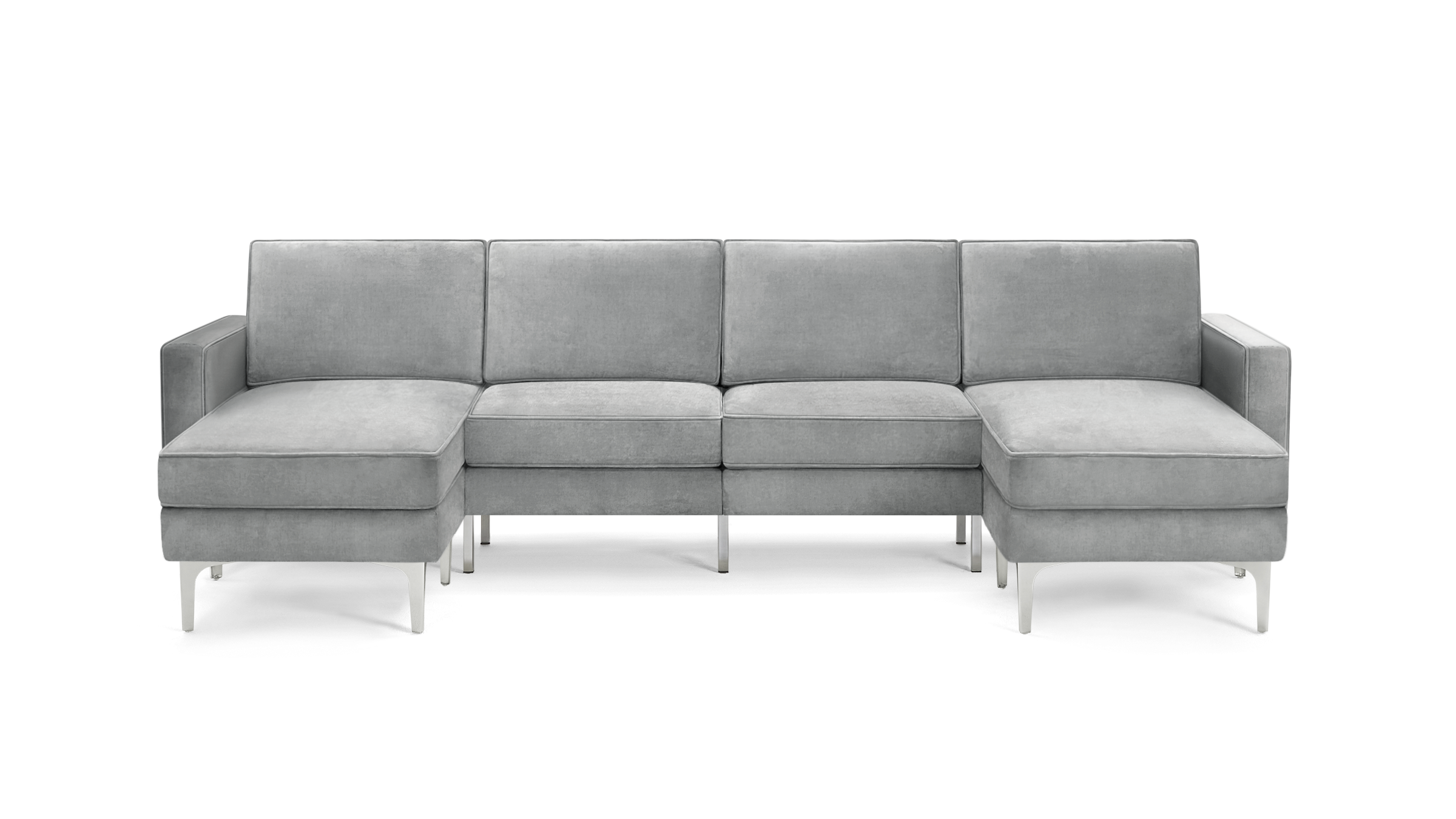 modern light gray velvet sectional sofa with chrome legs and clean lines on the back, featuring a right - facing chaise lounge