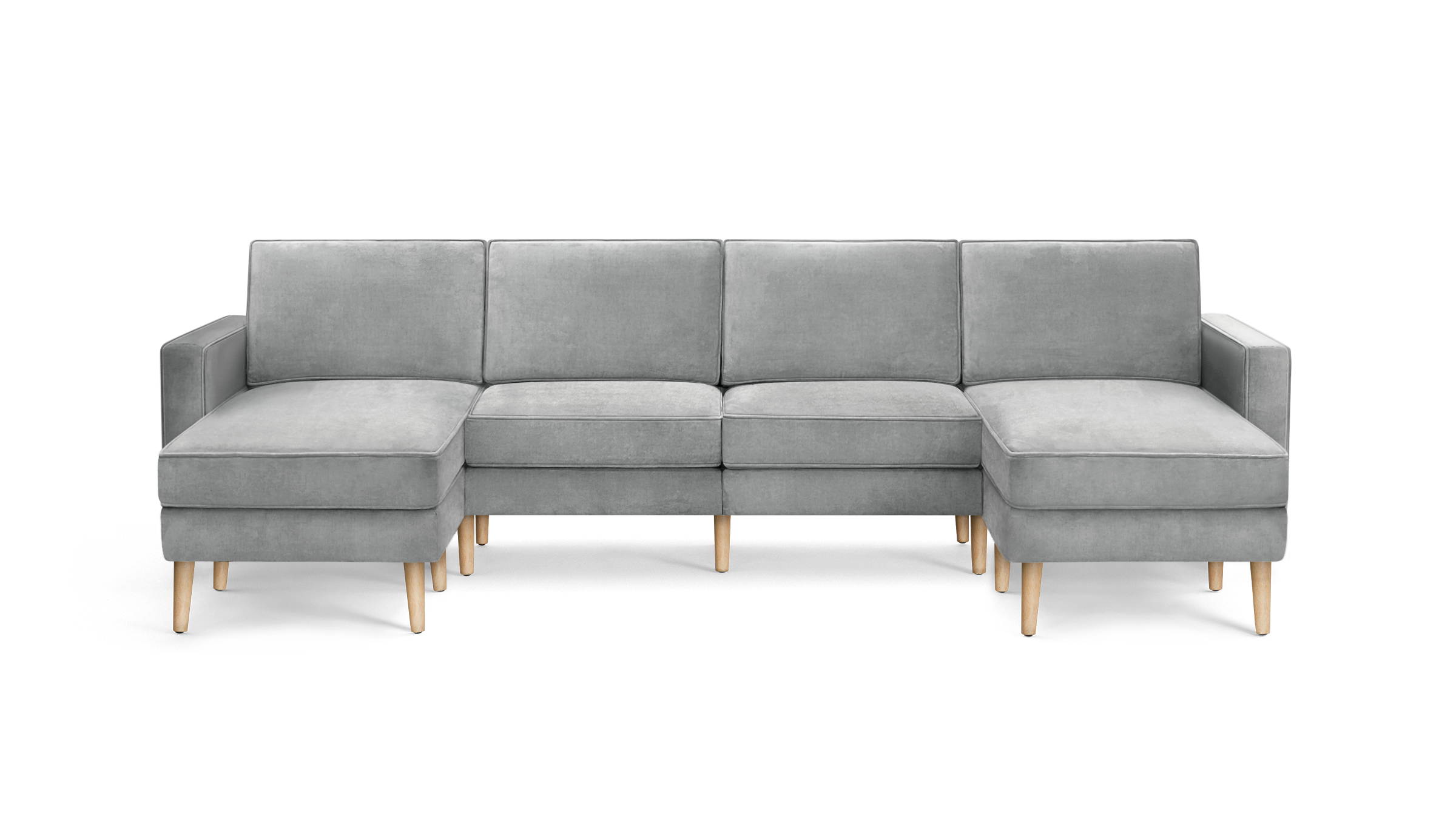 light gray modern sectional sofa with wooden legs and clean lines on the back, featuring clean lines and clean lines on the arms