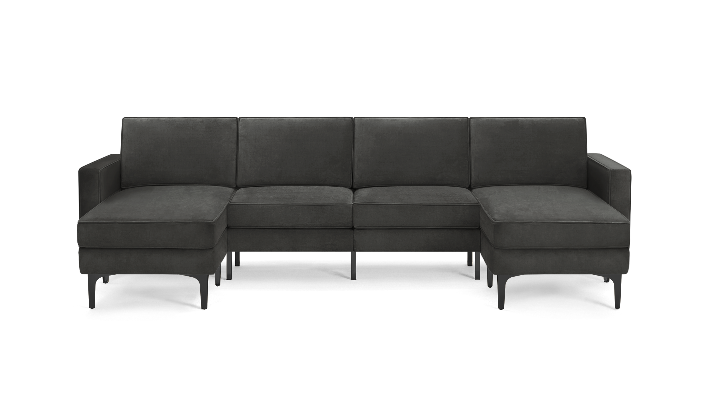 modern dark gray velvet sectional sofa with tufted back cushions and black metal legs, featuring a matching ottoman and matching ottoman