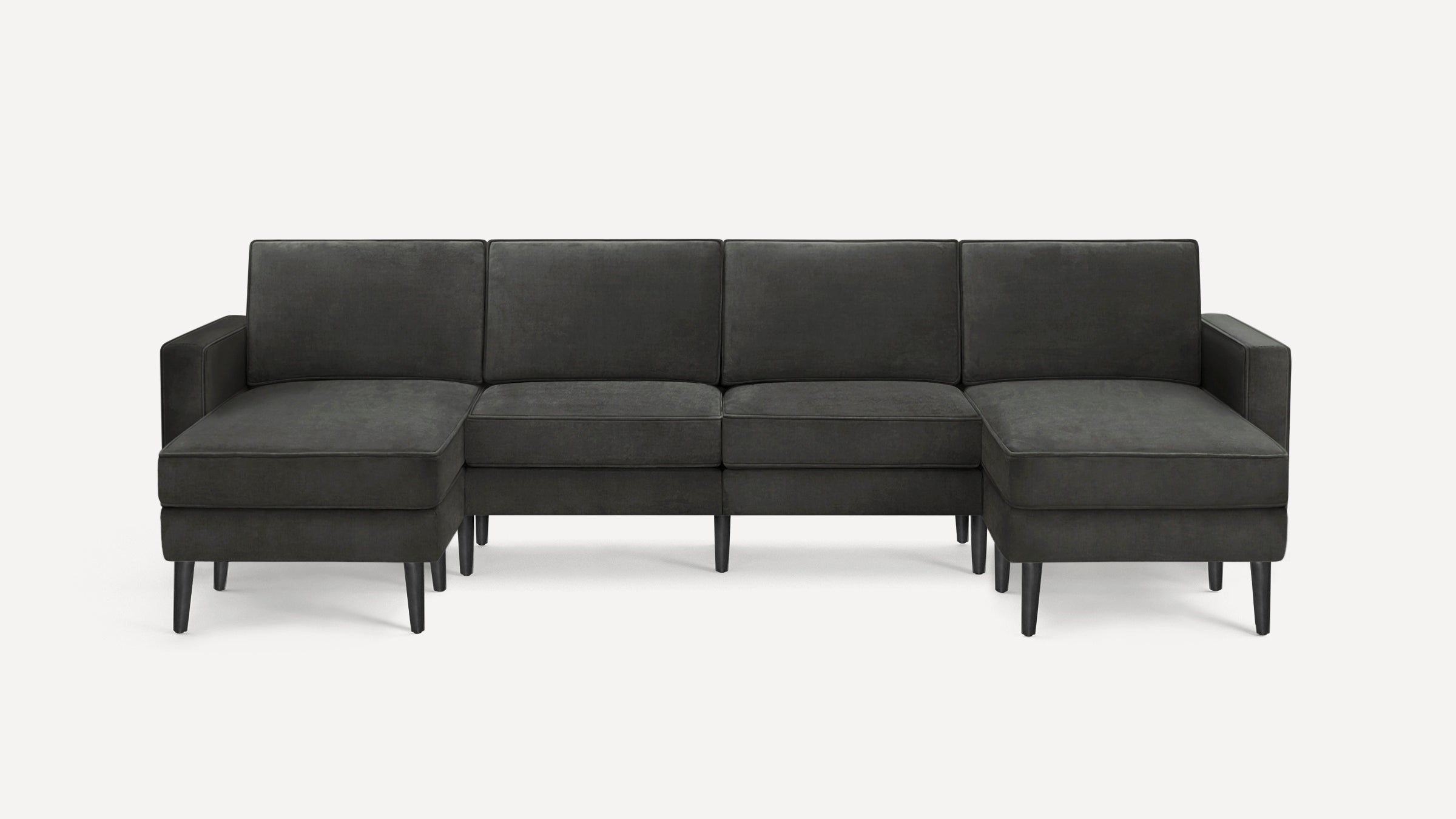Modern dark gray sectional sofa with left and right chaise lounge, straight arms, and tapered wooden legs on white background.