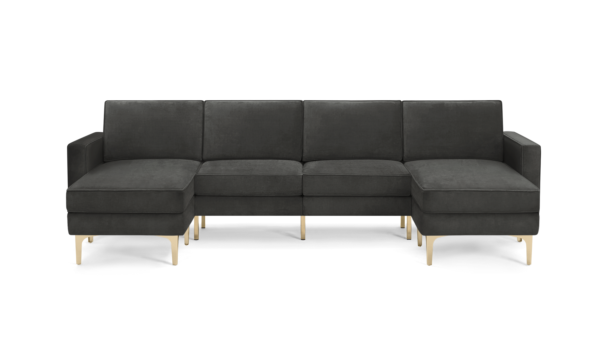 modern dark gray velvet sectional sofa with gold legs and clean lines on the back, featuring a clean, modern design