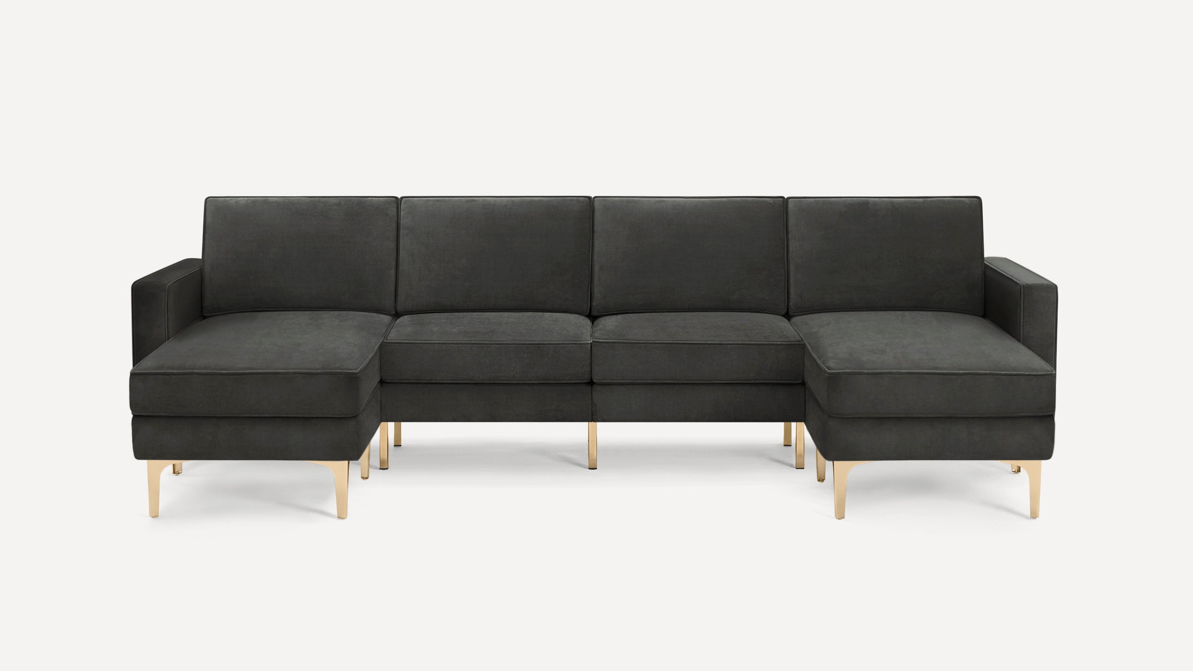 Dark gray velvet U-shaped sectional sofa with gold metal legs and clean modern design on white background.