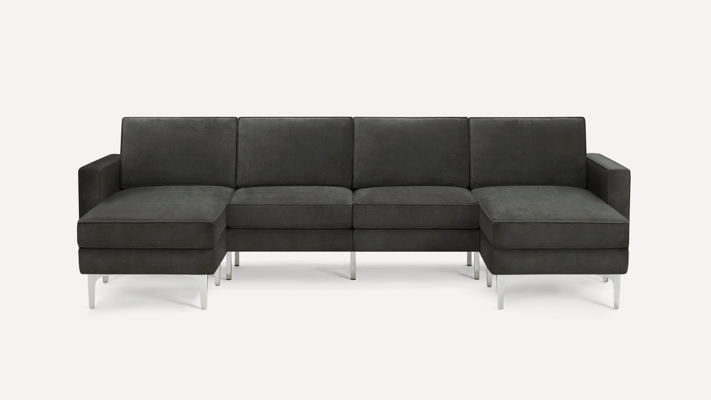 Modern charcoal gray sectional sofa with slim metal legs, featuring left and right chaise ends and clean, minimal design.