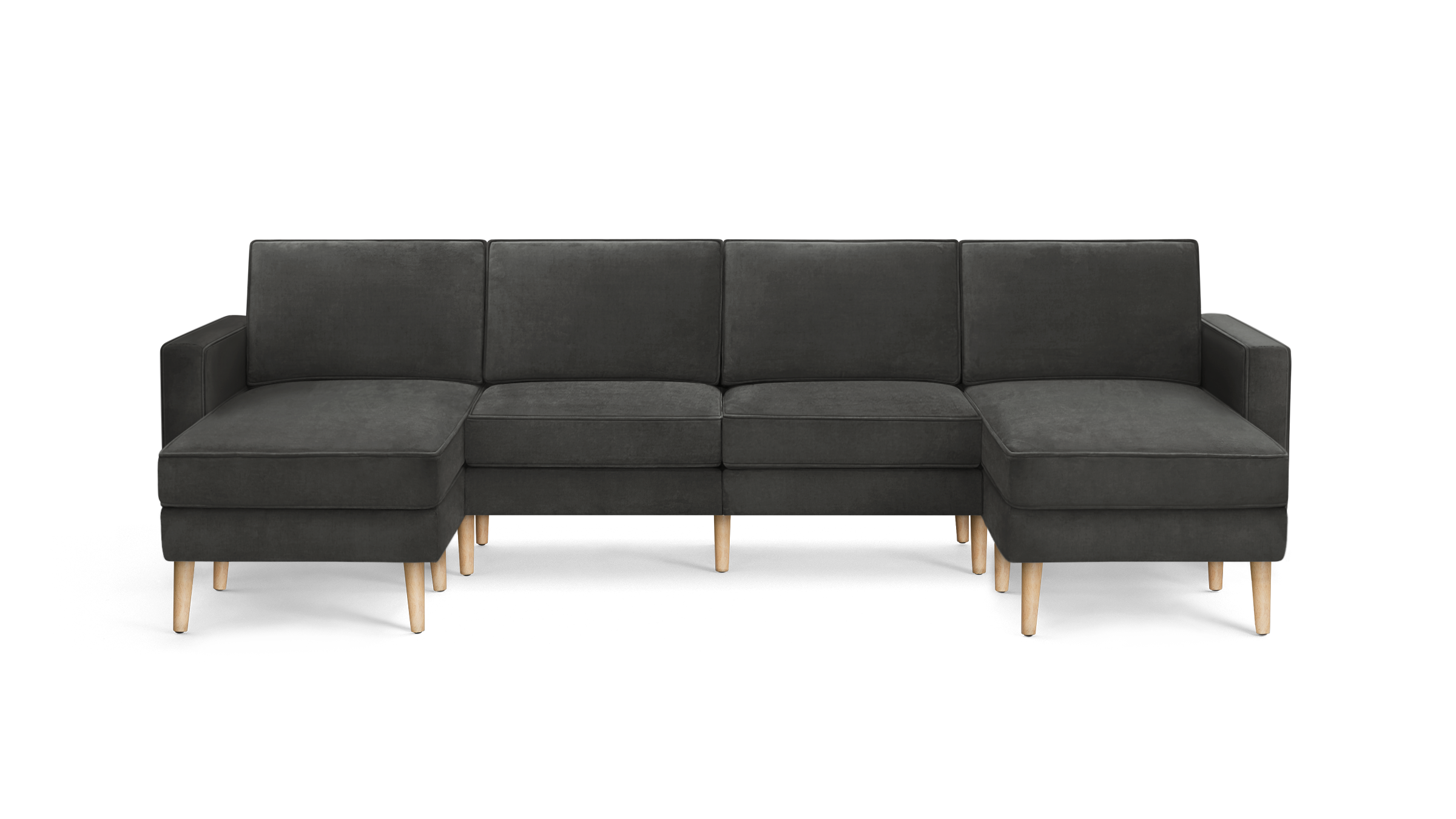 modern dark gray velvet sectional sofa with wooden legs and clean lines on the back, featuring clean lines and clean lines on the arms