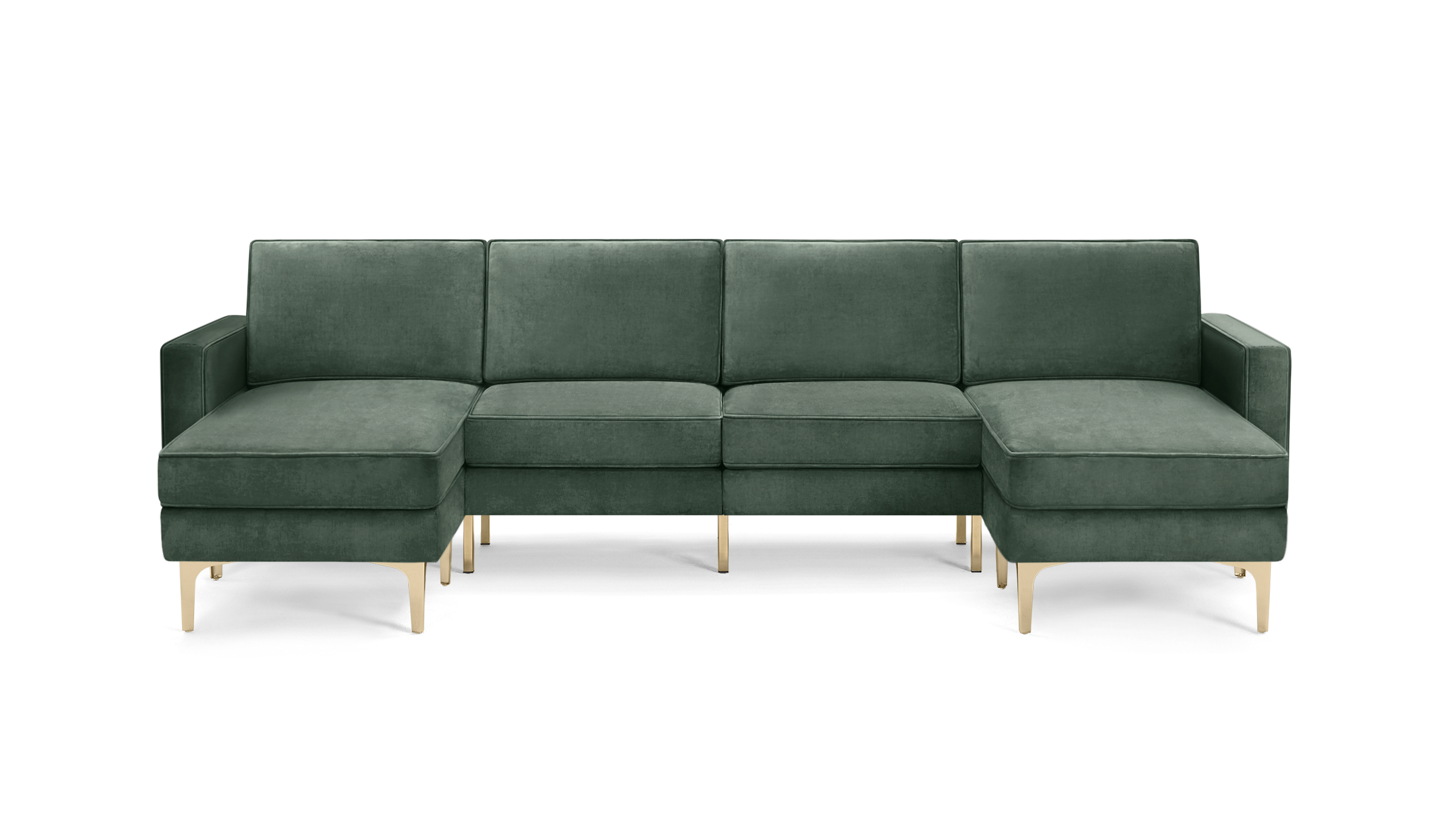 modern green velvet sectional sofa with gold legs and clean lines on the back, featuring a clean, modern design