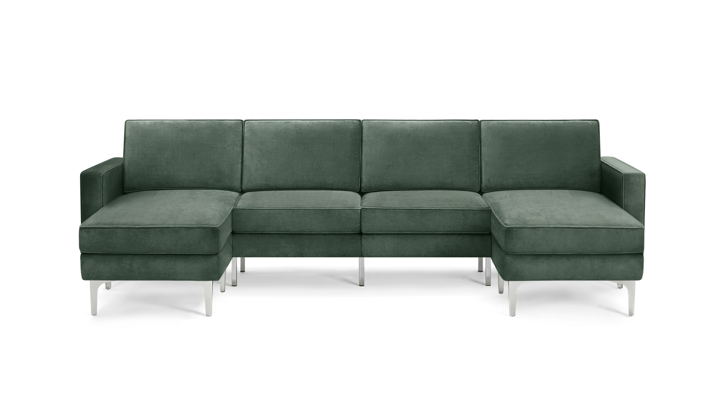 modern green velvet sectional sofa with chrome legs and clean lines on the back, featuring a clean, modern design