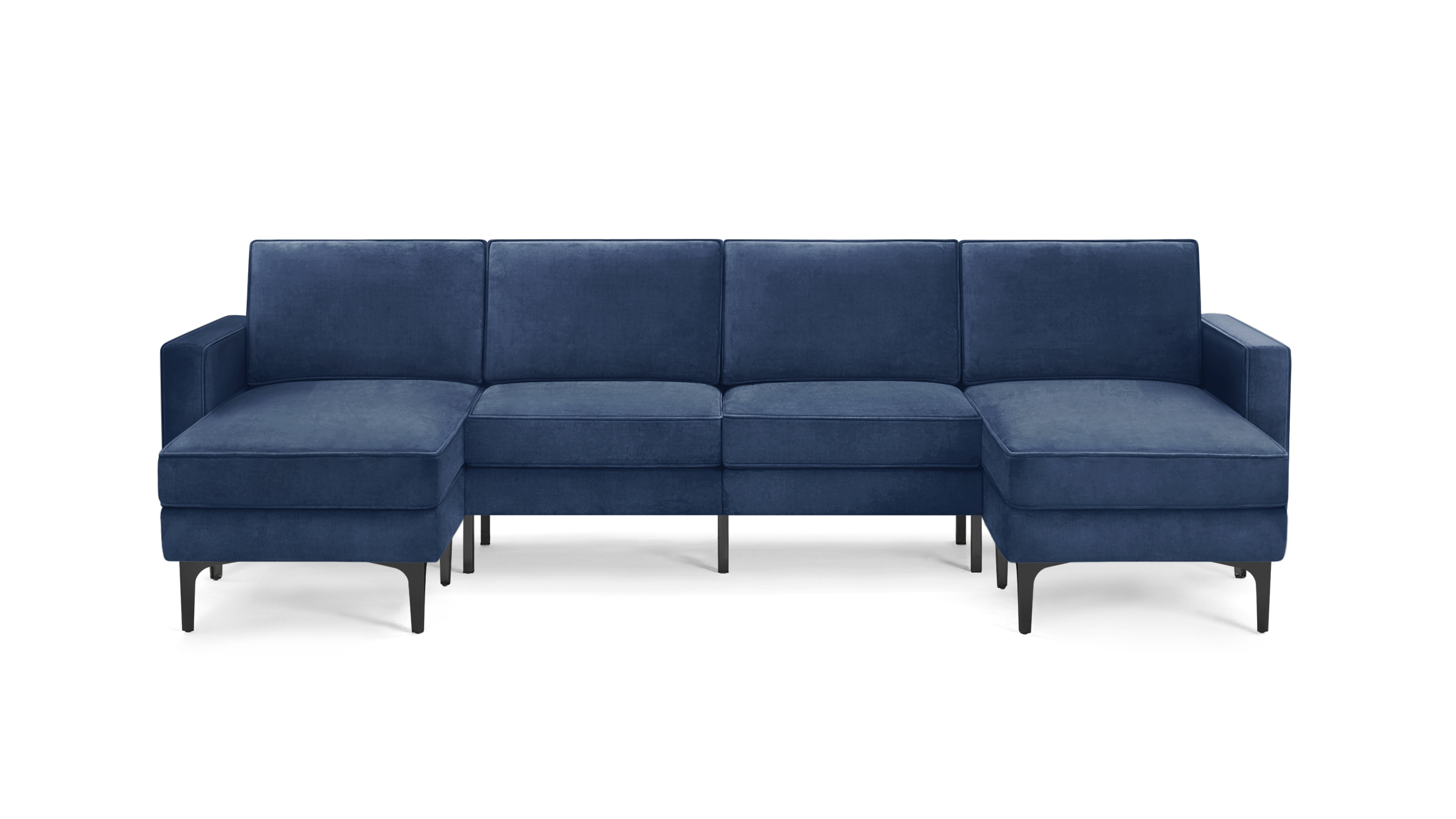 modern blue velvet sectional sofa with black metal legs and matching ottoman, featuring a clean, minimalist design