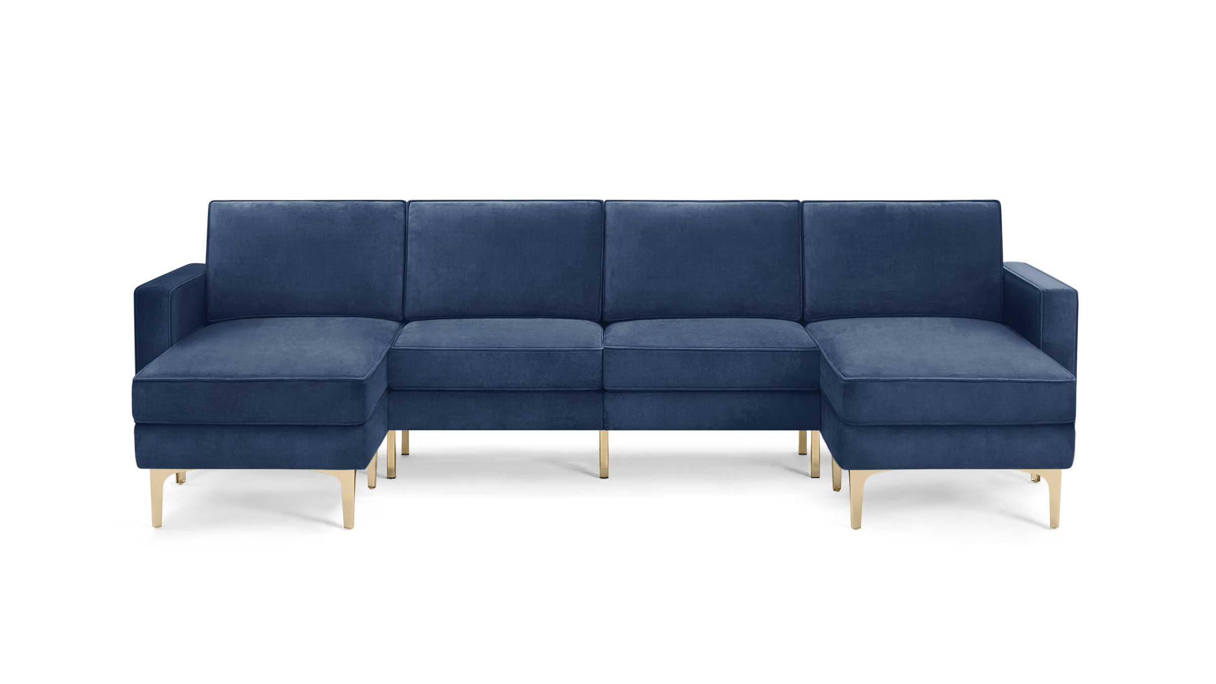 modern navy blue velvet sectional sofa with gold legs and clean lines on the back, featuring a clean, modern design
