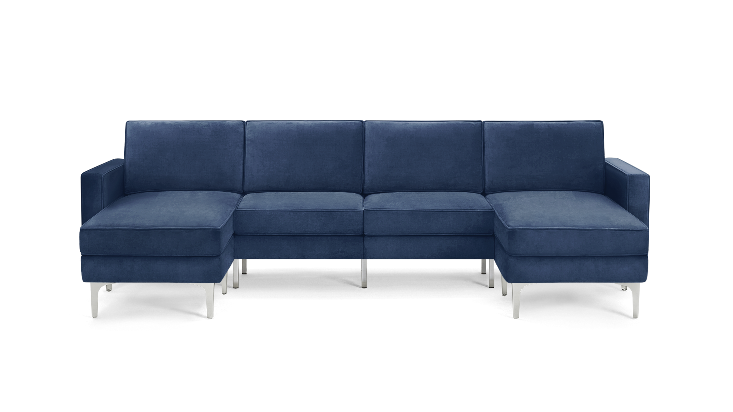 modern blue velvet sectional sofa with chrome legs and clean lines on the back, featuring a deep blue upholstery sofa and matching ottoman