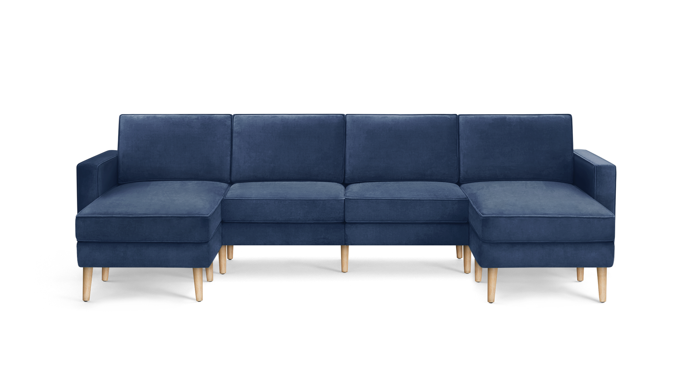 modern navy blue velvet sectional sofa with wooden legs and clean lines on the back, featuring clean lines and clean lines on the arms