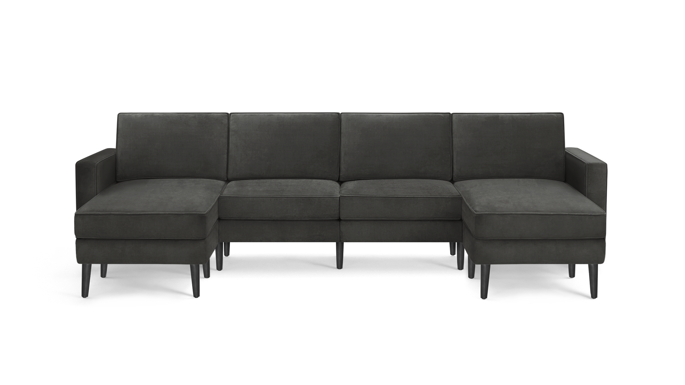 modern dark gray velvet sectional sofa with tufted back cushions and black metal legs, featuring a matching ottoman and matching ottoman