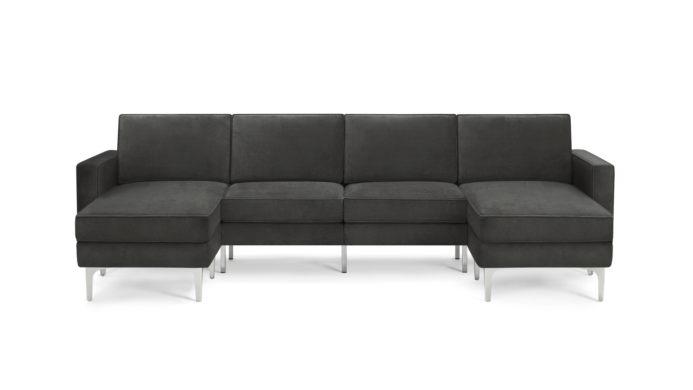 modern dark gray velvet sectional sofa with chrome legs and clean lines on the back, featuring a clean, minimalist design