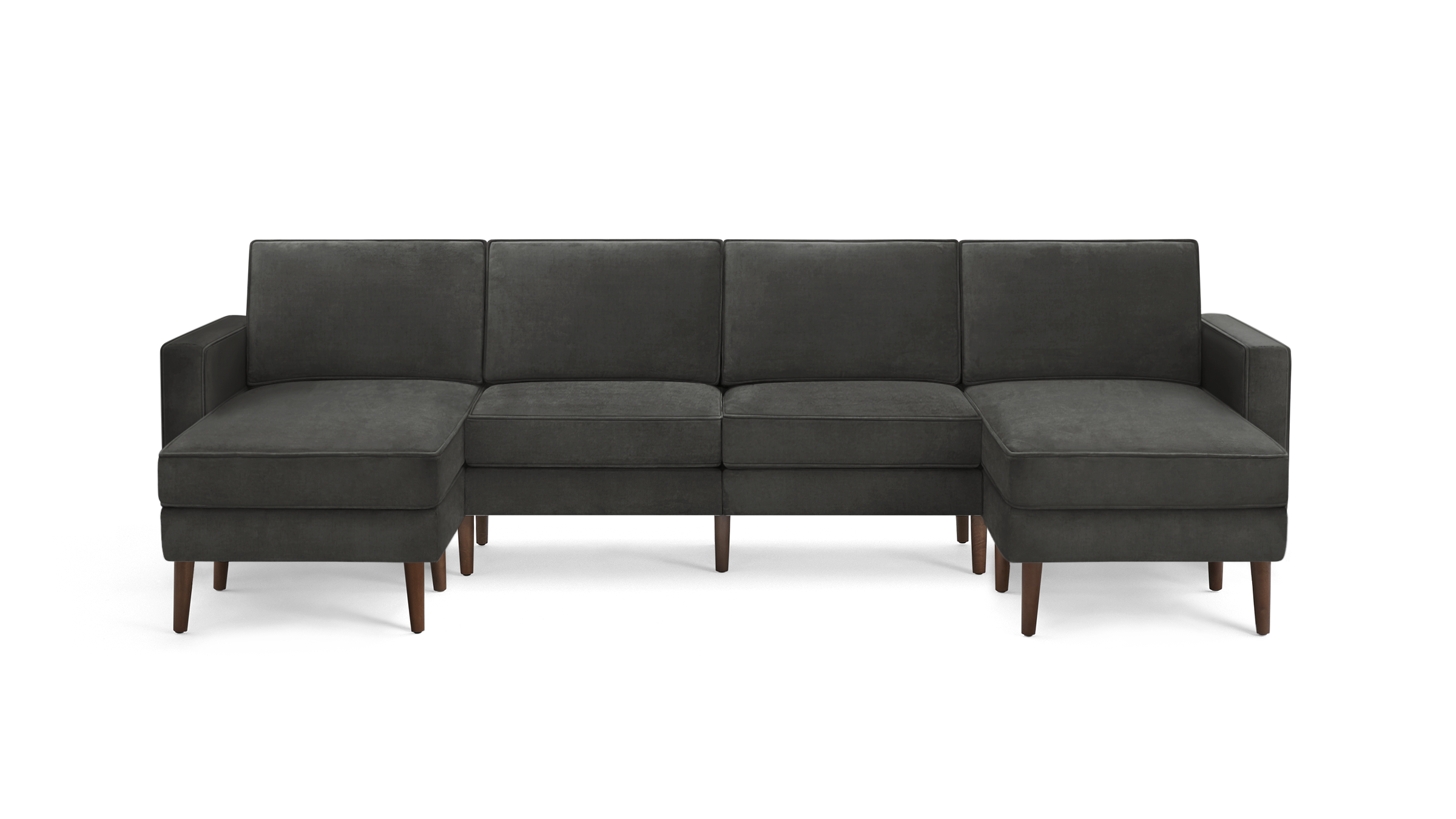 modern dark gray velvet sectional sofa with wooden legs and clean lines on the back, featuring a clean, minimalist design