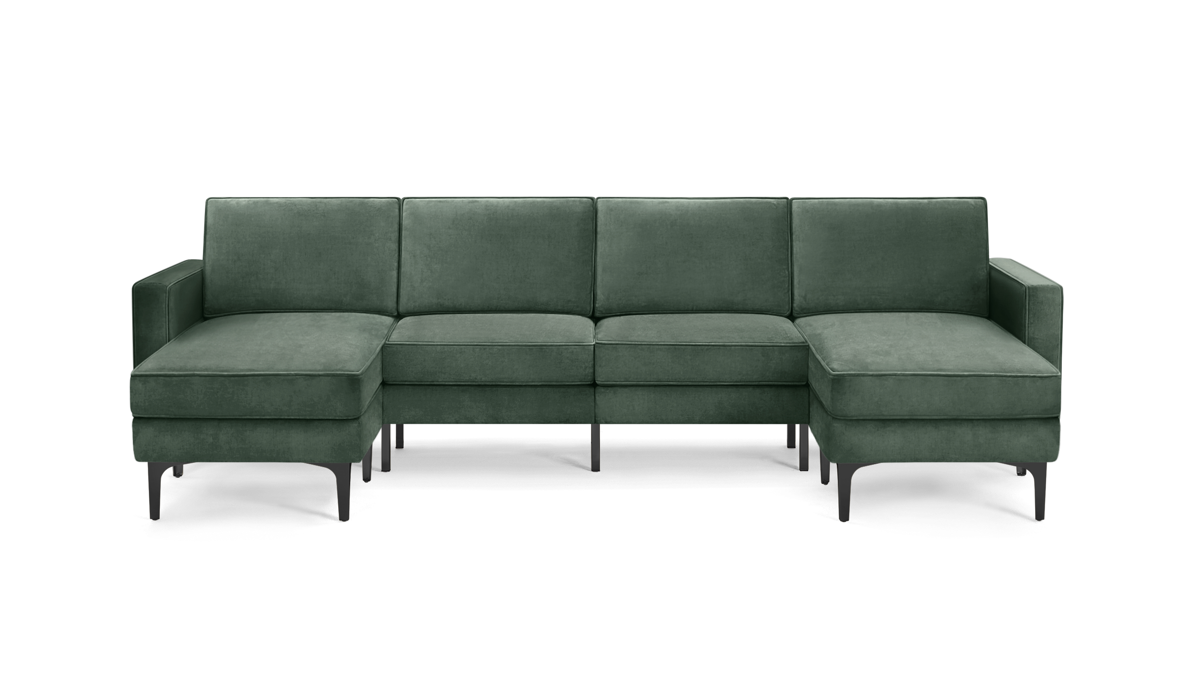 modern green velvet sectional sofa with black metal legs and clean lines on the back, featuring a clean, minimalist design