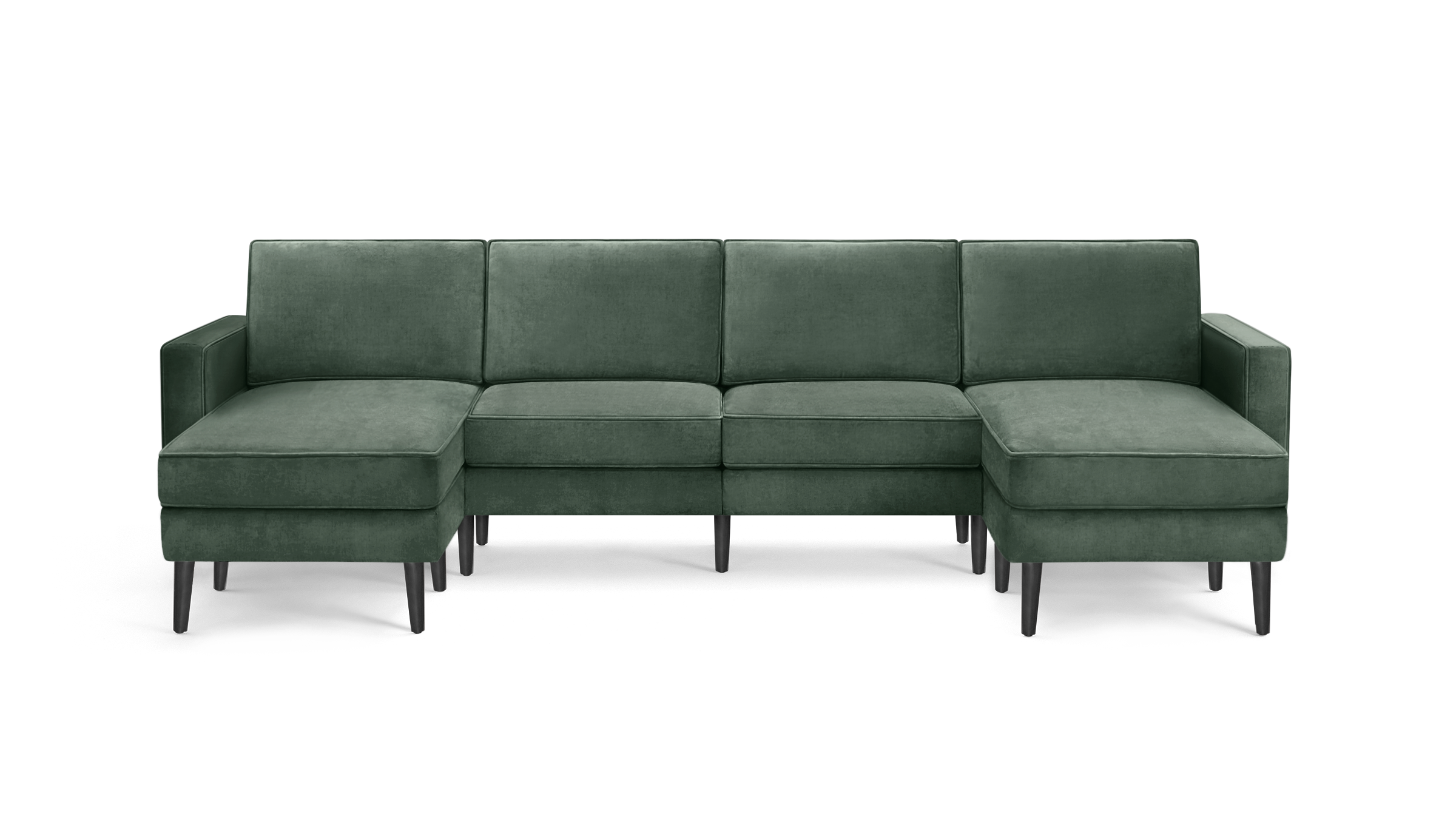 modern green velvet sectional sofa with black metal legs and clean lines on the back, featuring a clean, minimalist design