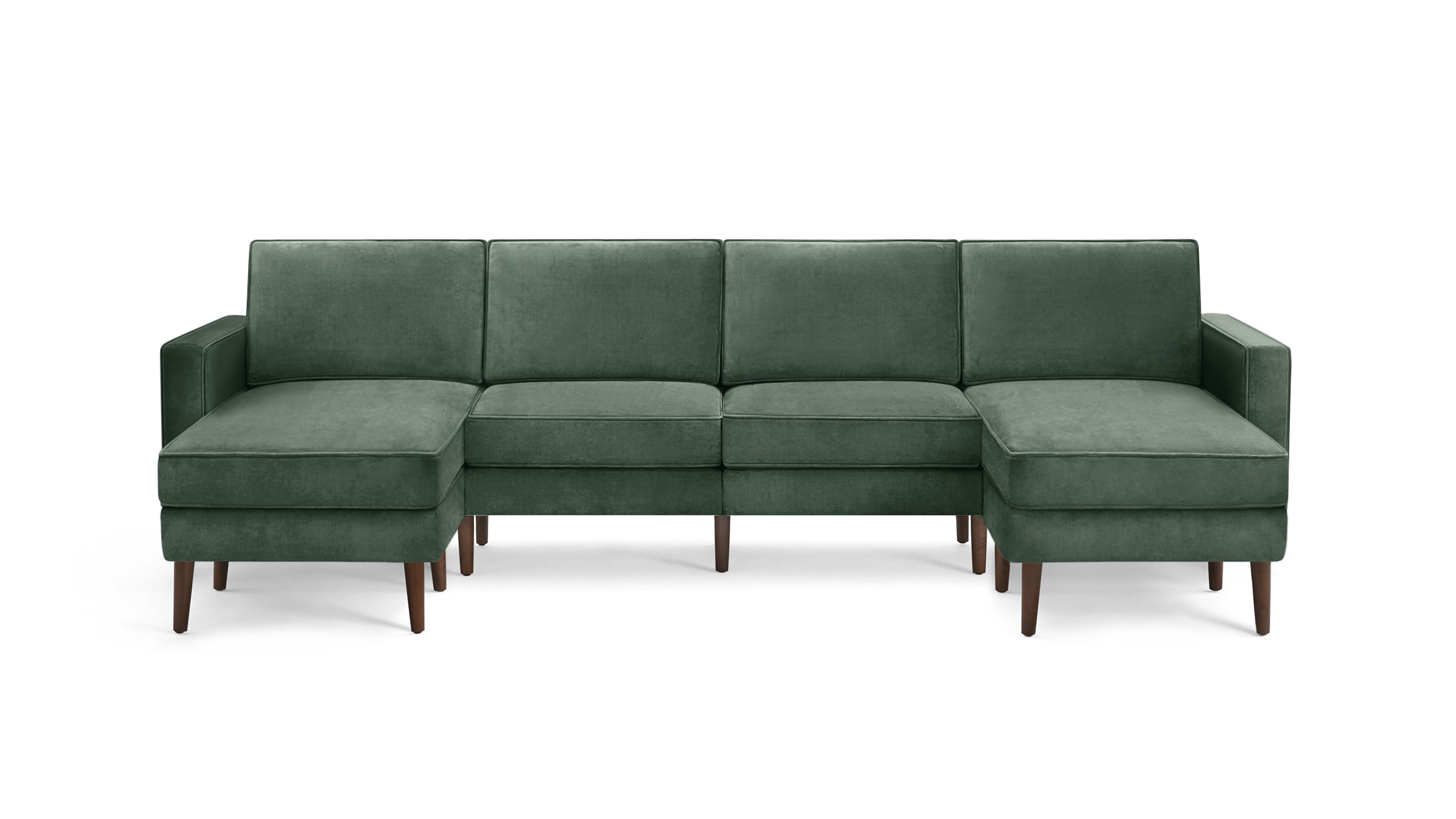 modern green velvet sectional sofa with wooden legs and clean lines on the back, featuring a clean, modern design