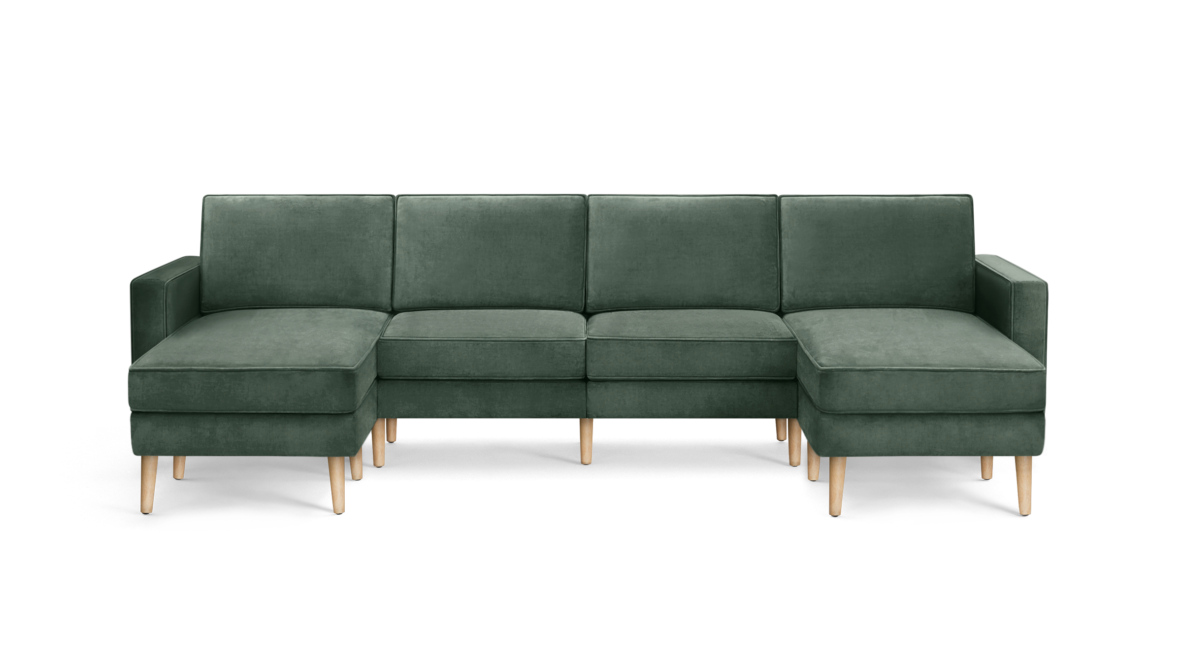 modern green velvet sectional sofa with wooden legs and clean lines on the back, featuring clean lines and clean lines on the arms