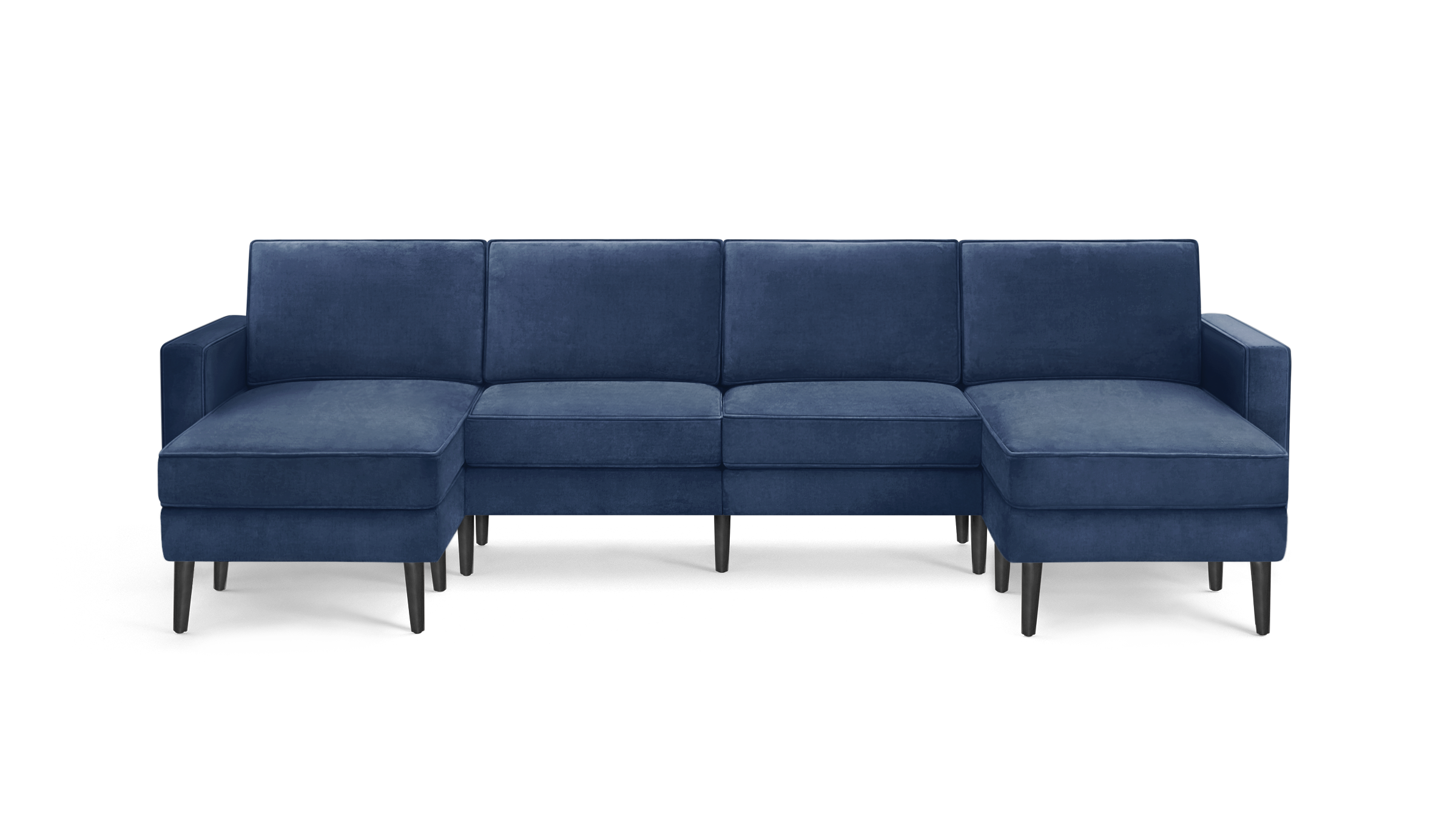 modern blue velvet sectional sofa with black metal legs and matching ottoman, featuring a clean, minimalist design