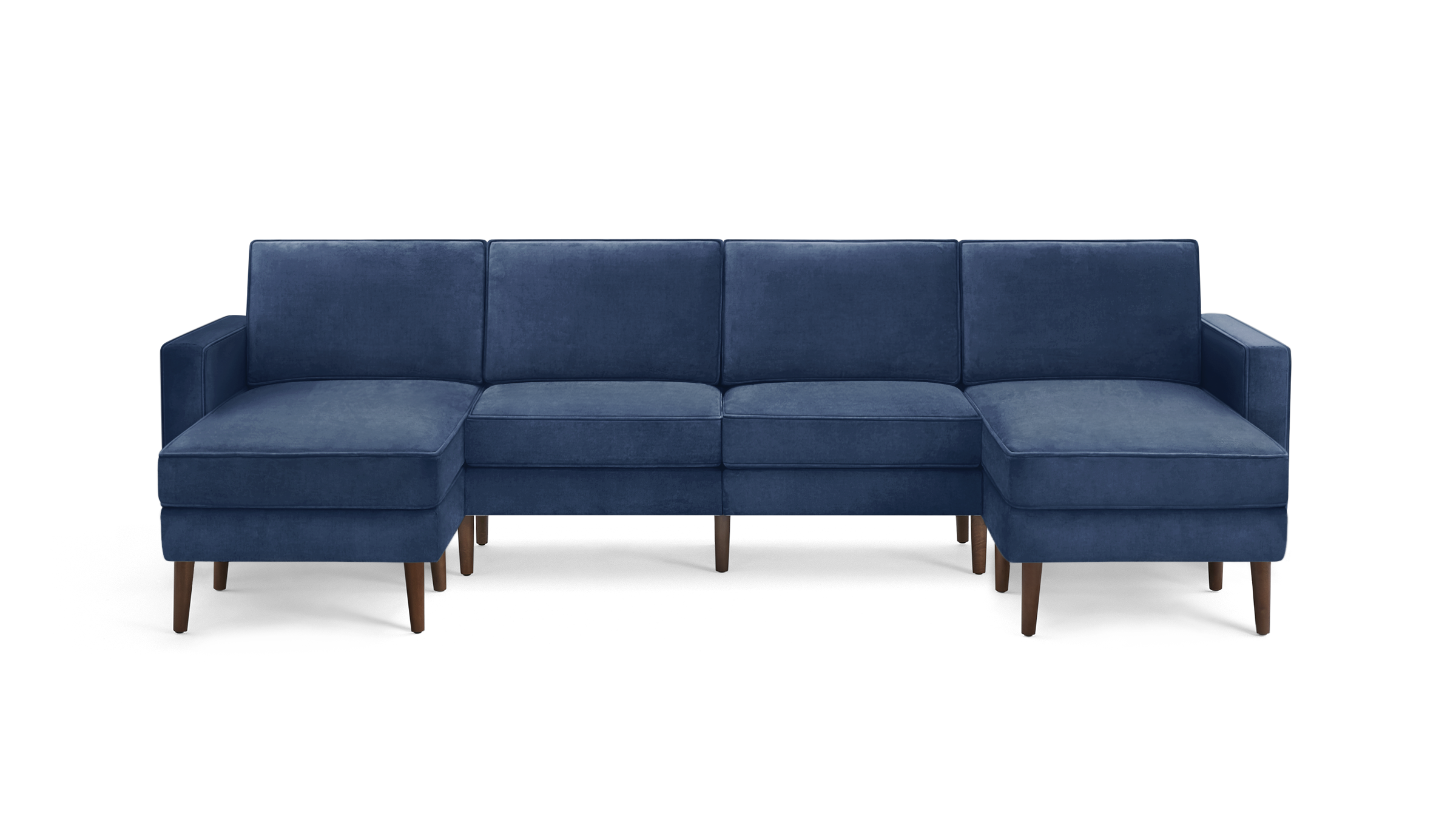 modern blue velvet sectional sofa with wooden legs and matching ottoman, featuring clean lines and clean lines on the back