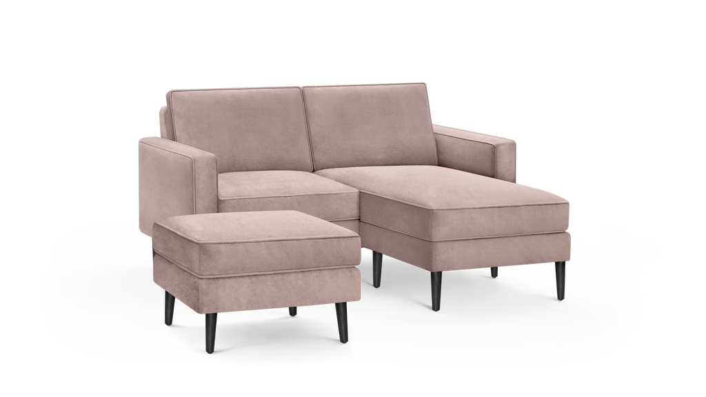 modern beige velvet sectional sofa with matching ottoman and matching ottoman, featuring black tapered legs, and a sleek design