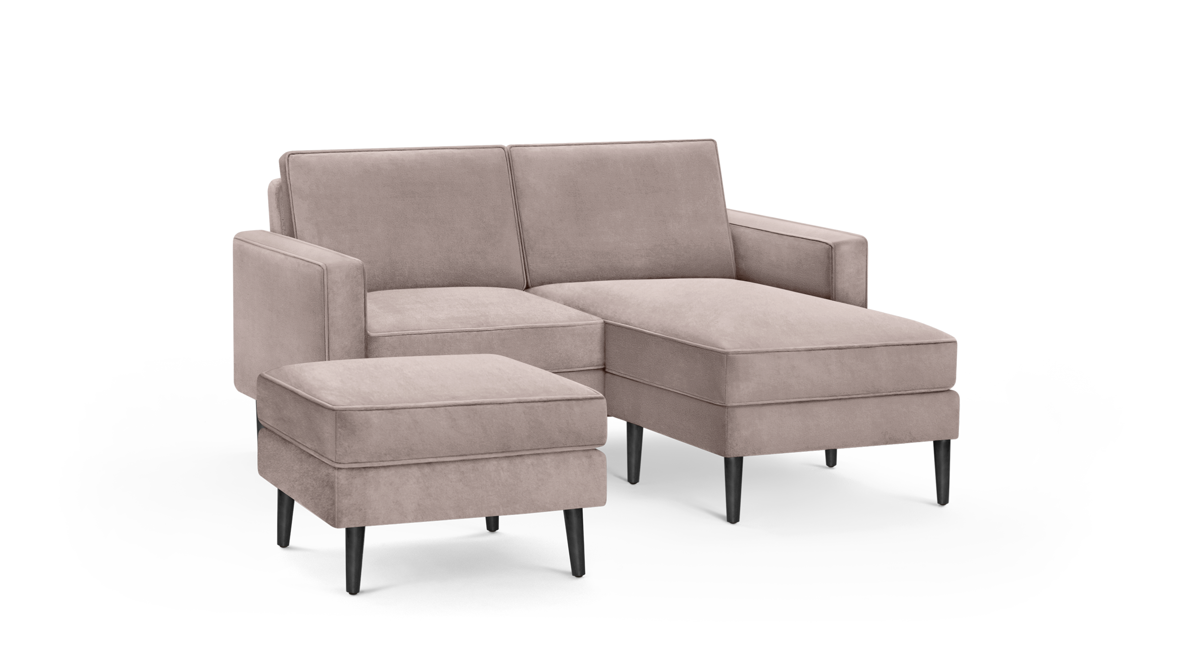 modern beige velvet sectional sofa with matching ottoman and matching ottoman, featuring black tapered legs, and a sleek design