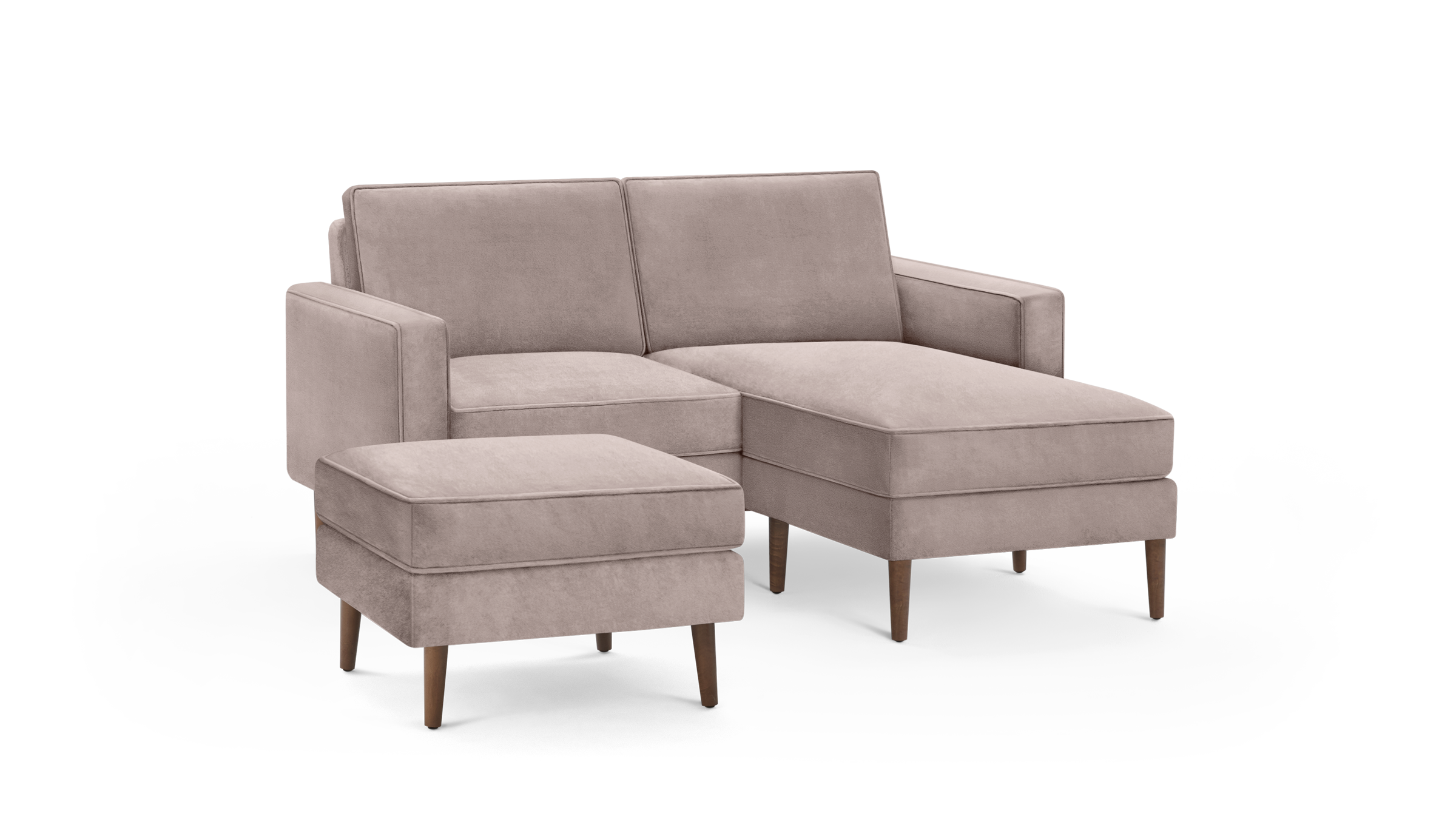 modern beige sectional sofa with matching ottoman and matching ottoman, featuring wooden legs and a sleek design