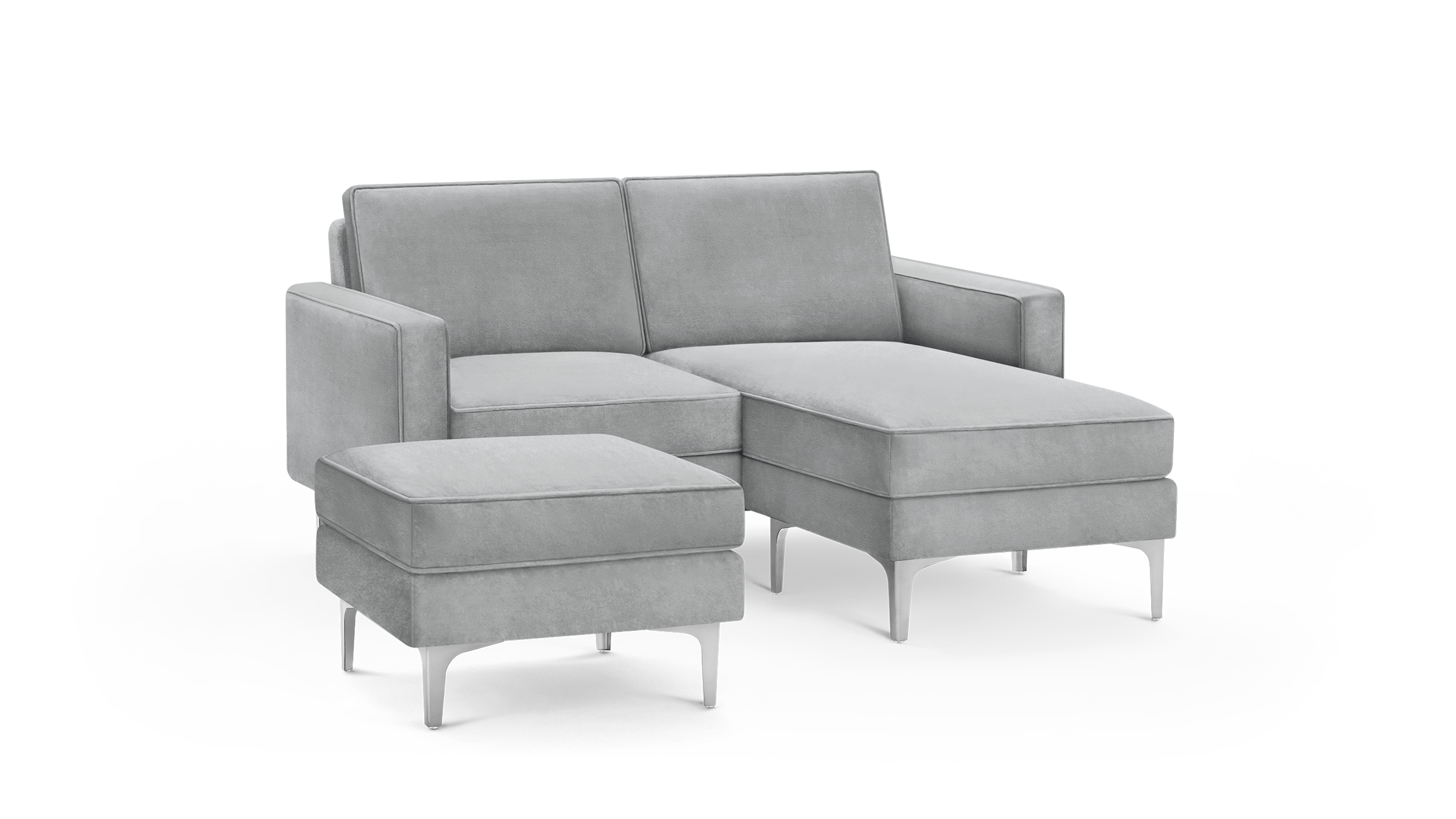 modern light gray velvet sectional sofa with matching ottoman and matching ottoman, featuring tapered legs and a sleek design