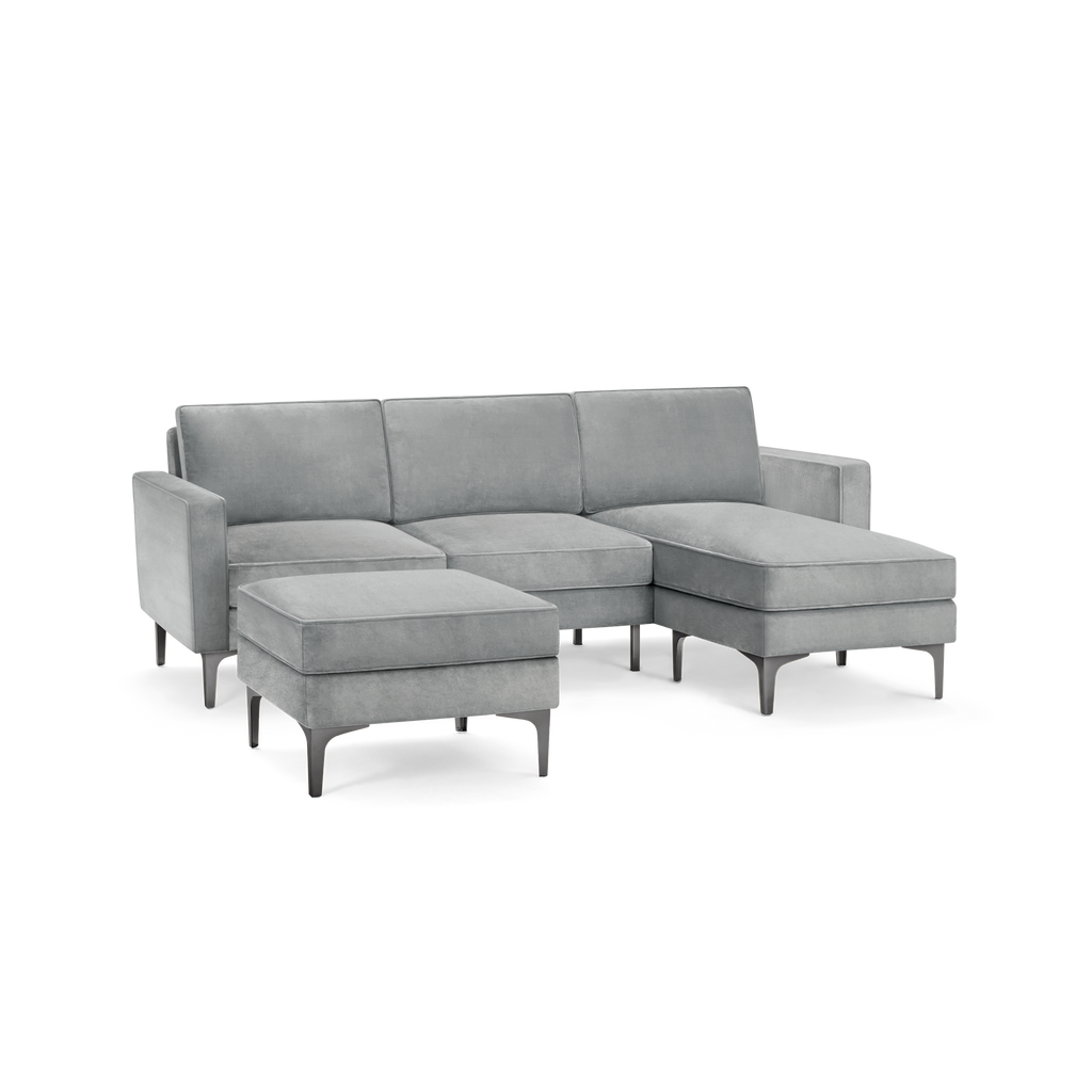 modern l - shaped sectional sofa with light gray fabric upholstery, featuring a matching ottoman, and matching ottoman, featuring a