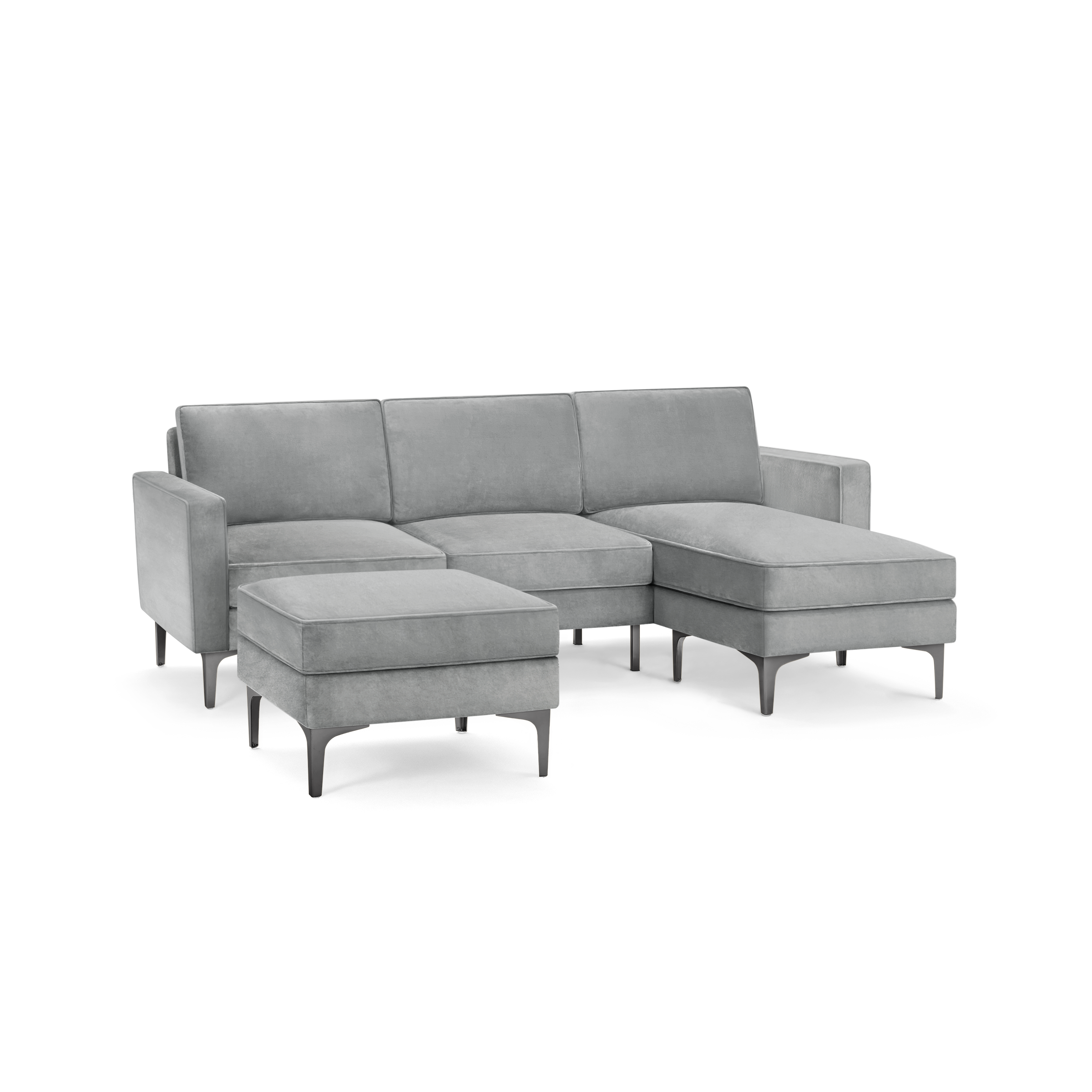 modern l - shaped sectional sofa with light gray fabric upholstery, featuring a matching ottoman, and matching ottoman, featuring a
