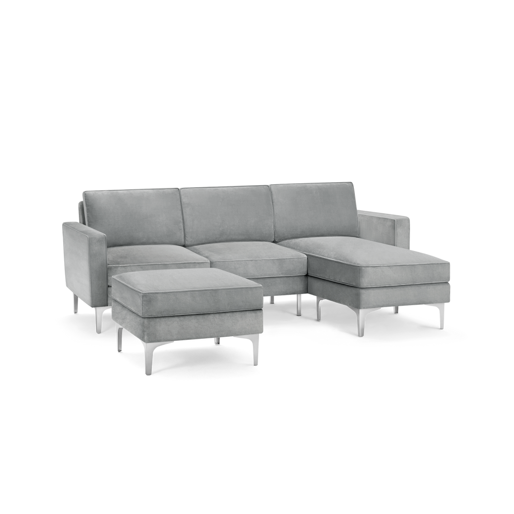 modern l - shaped sectional sofa with light gray fabric upholstery, featuring a matching ottoman, and matching ottoman, featuring a