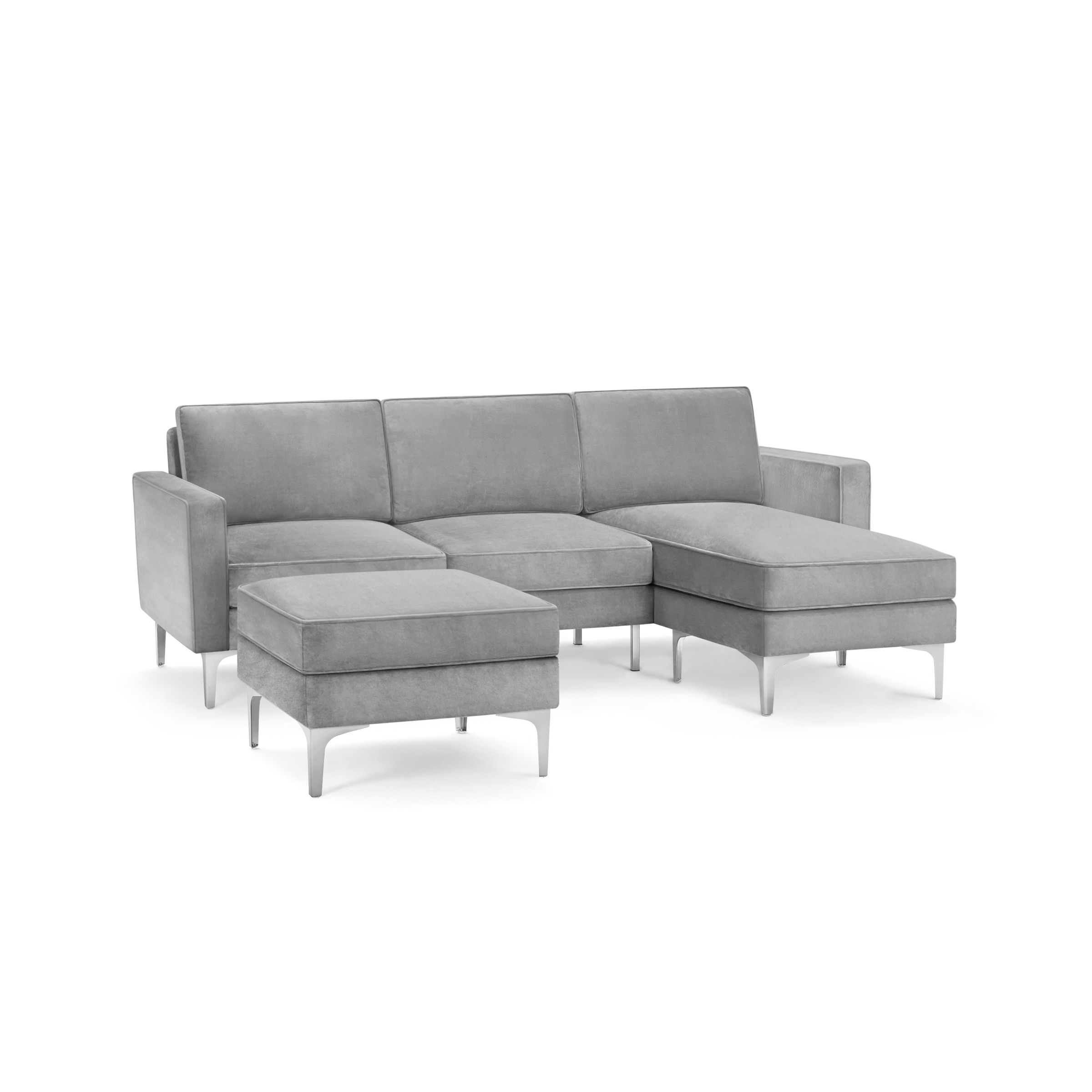 modern l - shaped sectional sofa with light gray fabric upholstery, featuring a matching ottoman, and matching ottoman, featuring a