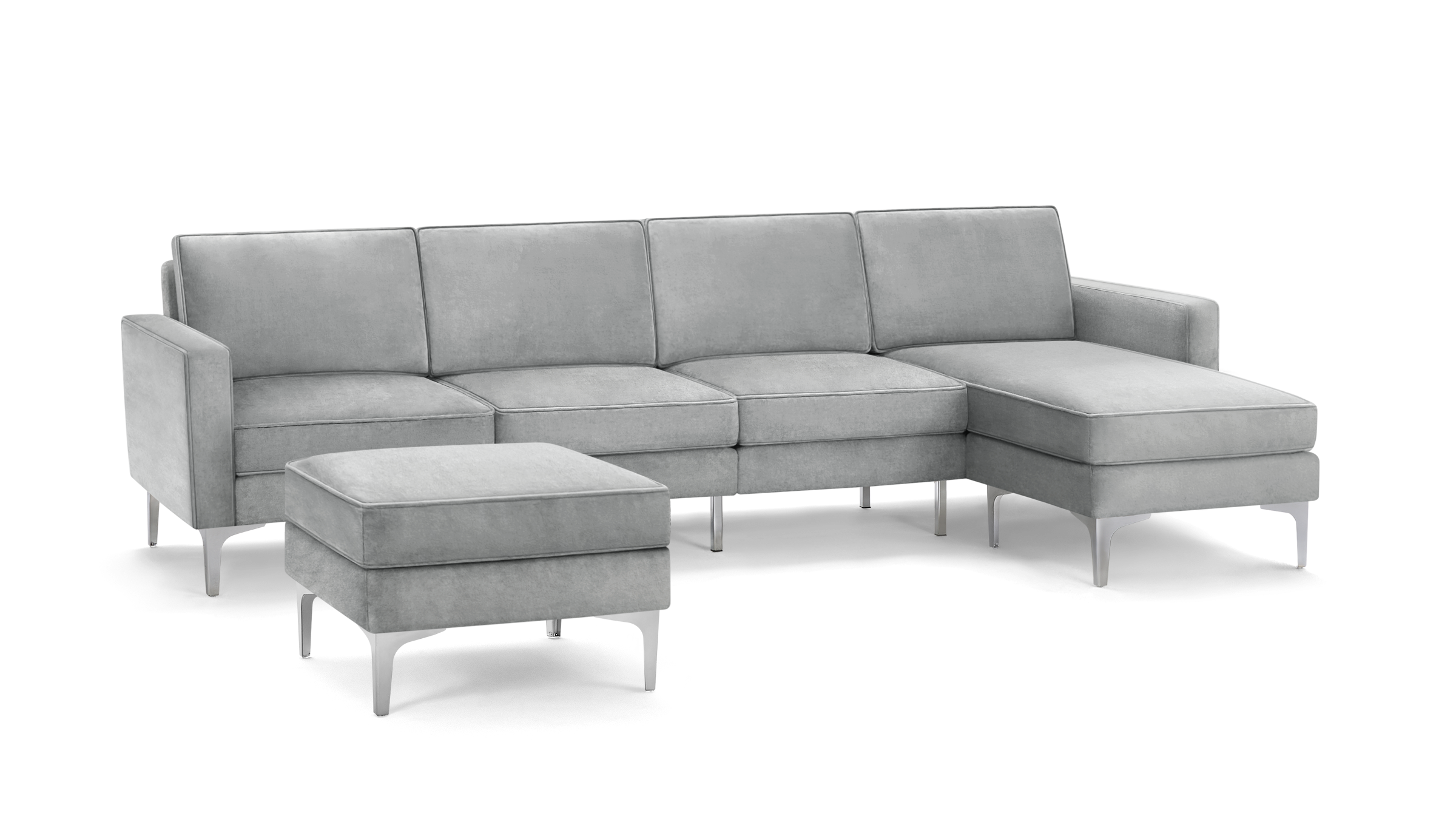 modern light gray fabric sectional sofa with matching ottoman, featuring sleek metal legs and a sleek design
