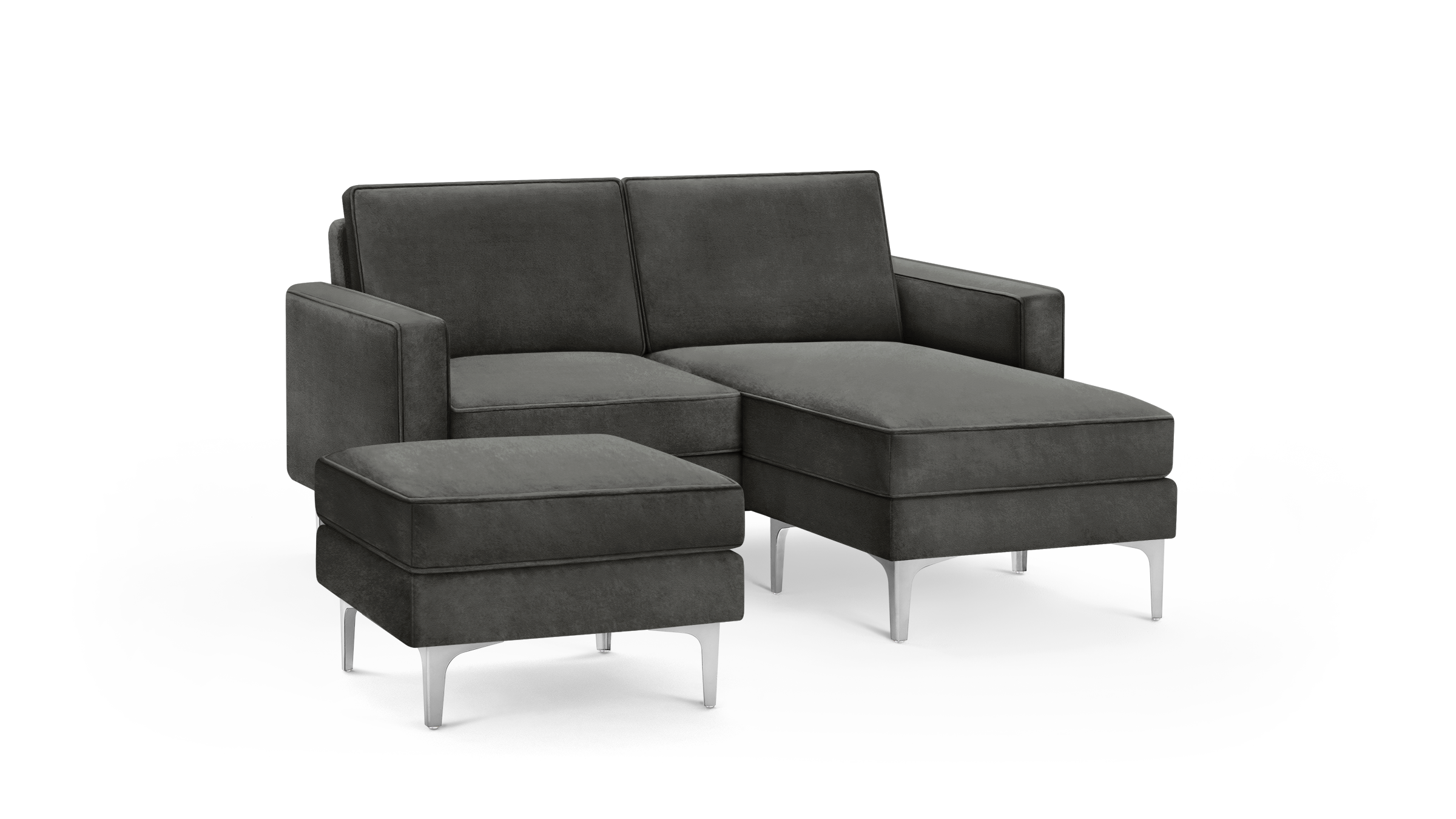 modern dark gray fabric sectional sofa with matching ottoman and matching ottoman, featuring sleek metal legs and a sleek design