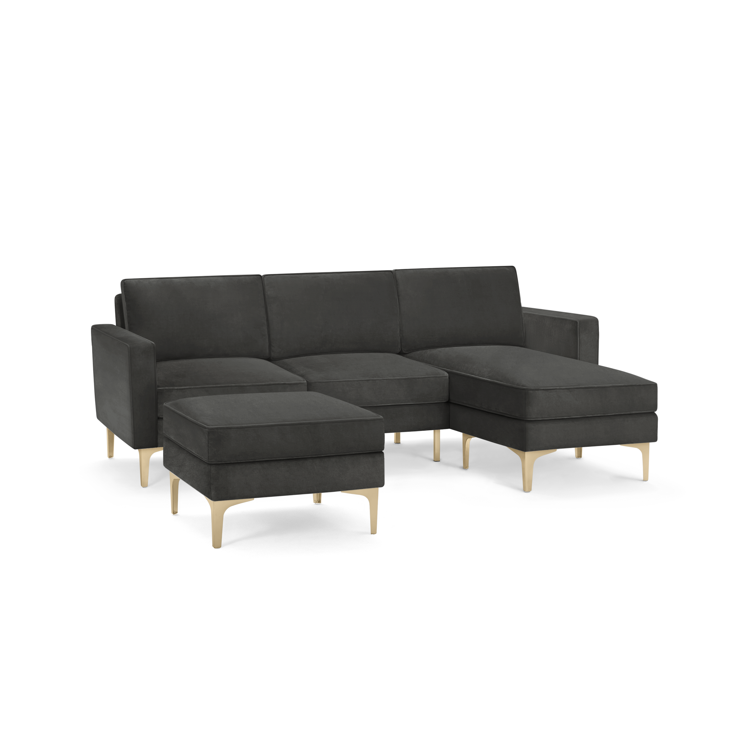 modern dark gray sectional sofa with matching ottoman, featuring tapered wooden legs and clean lines on the back, featuring clean lines on the sides